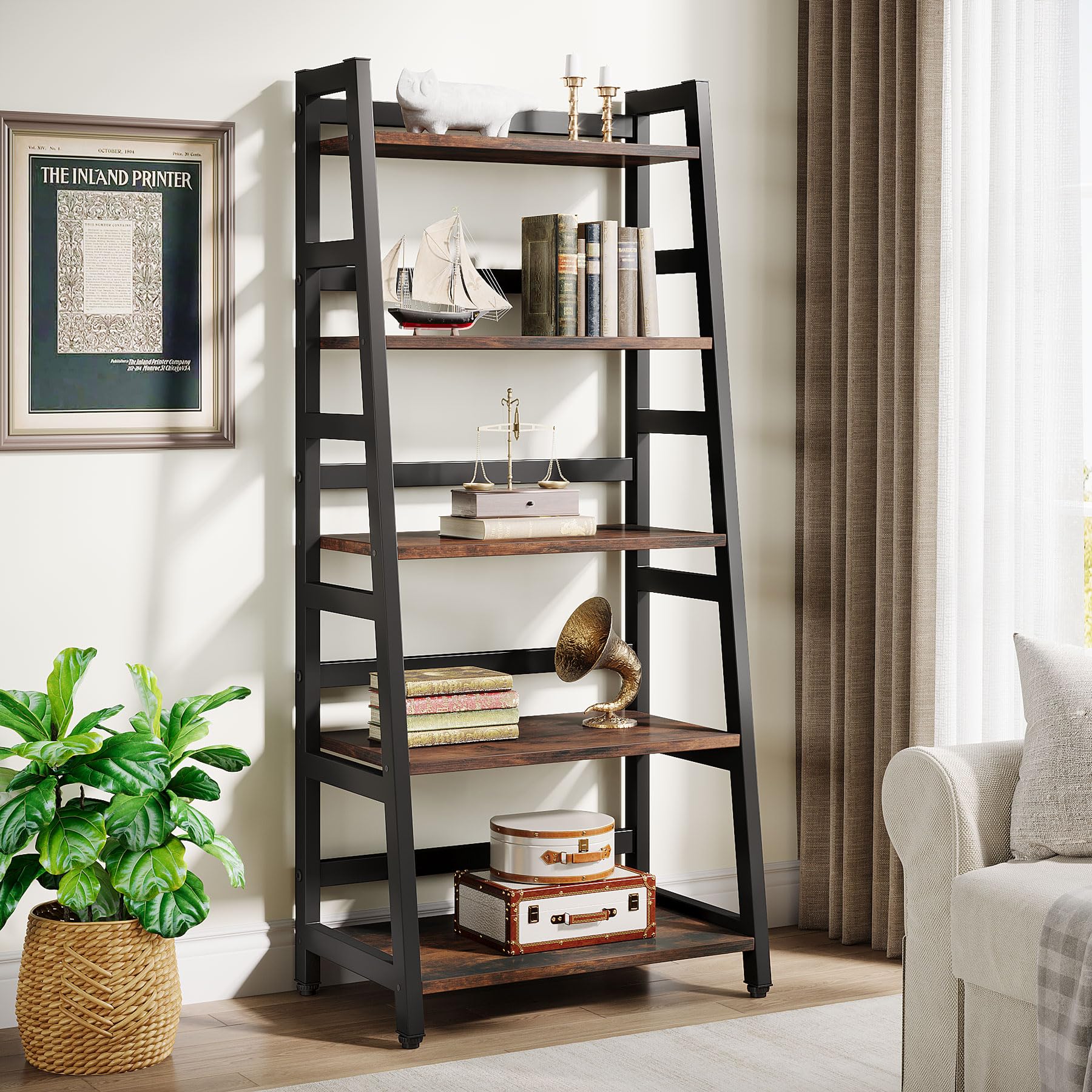 Tribesigns 5-Tier Bookshelf Industrial Bookcase, 5 Shelf Ladder Shelf Book Storage Shelf Organizer For Living Room, Home Office
