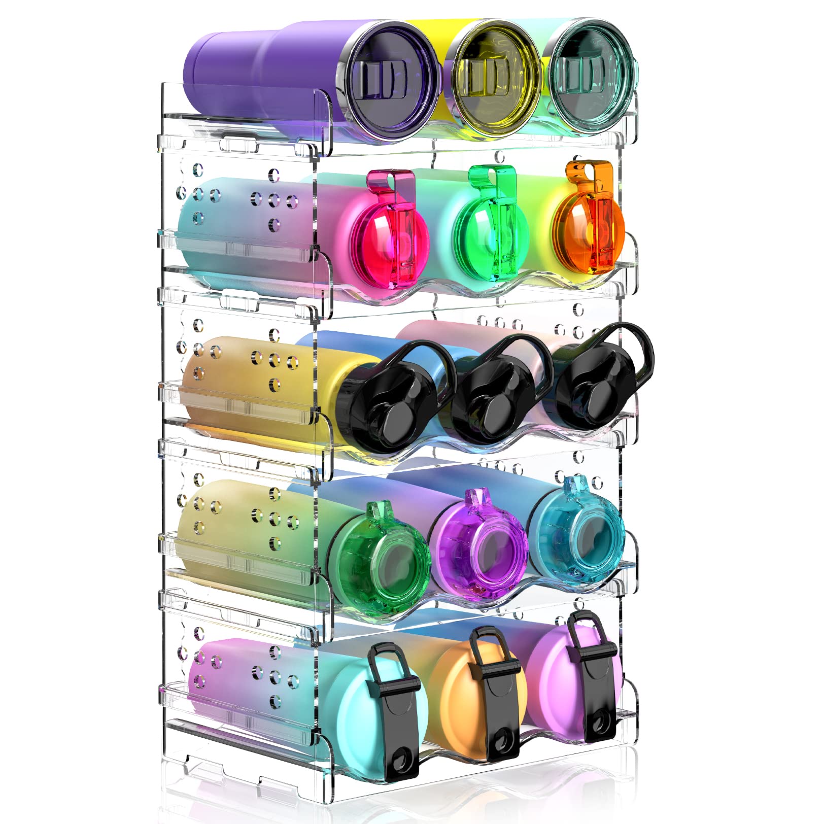 Areforic Water Bottle Organizer - 5 Pack Stackable Cup Organizer For Cabinet, Countertop, Pantry And Fridge, Free-Standing Tumbl