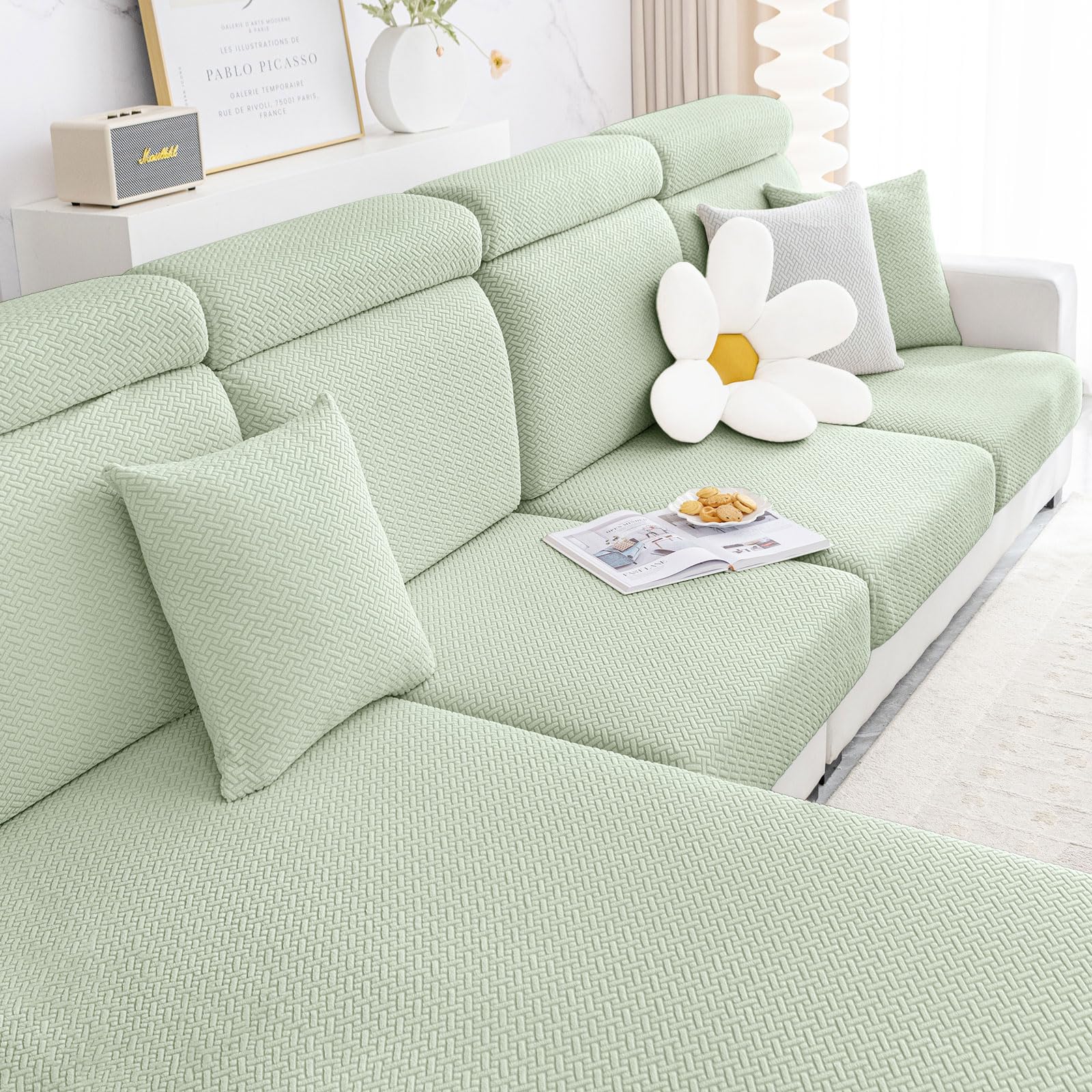 Smiry Waterproof Couch Cushion Covers, Stretch Jacquard Thick Sofa Cushion Covers, Washable Seat Cover Slipcover Elastic Furniture Protector For Pets, Kid (Chaise Cover, Green)