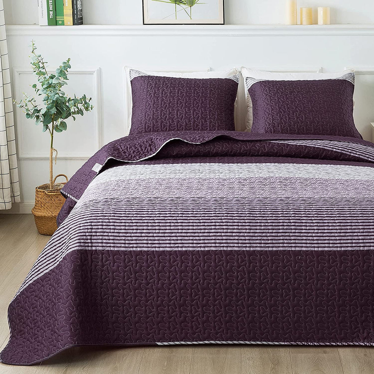 Andency Stripe Quilt Set Queen(96X90Inch), 3 Pieces (1 Striped Quilt And 2 Pillowcases) Purple And Grey Patchwork Bedspread Cove