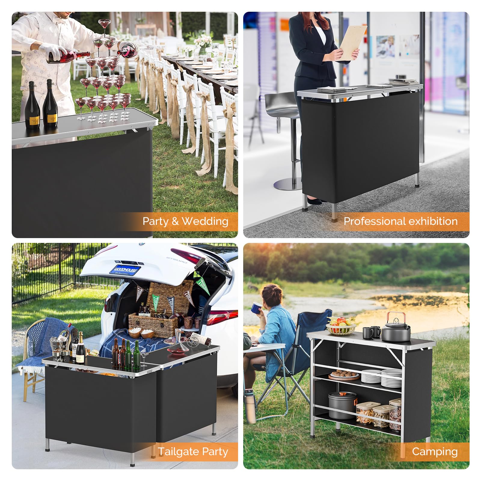 Vingli 43' Portable Bar Table, 3-Tier Shelves, Carry Bag,Mobile Bar Table For Events, Party, Camping, Picnic, Tradeshow, Outdoor & Indoor With Black Skirt(2, 43') (2) (Black-2P, 43')