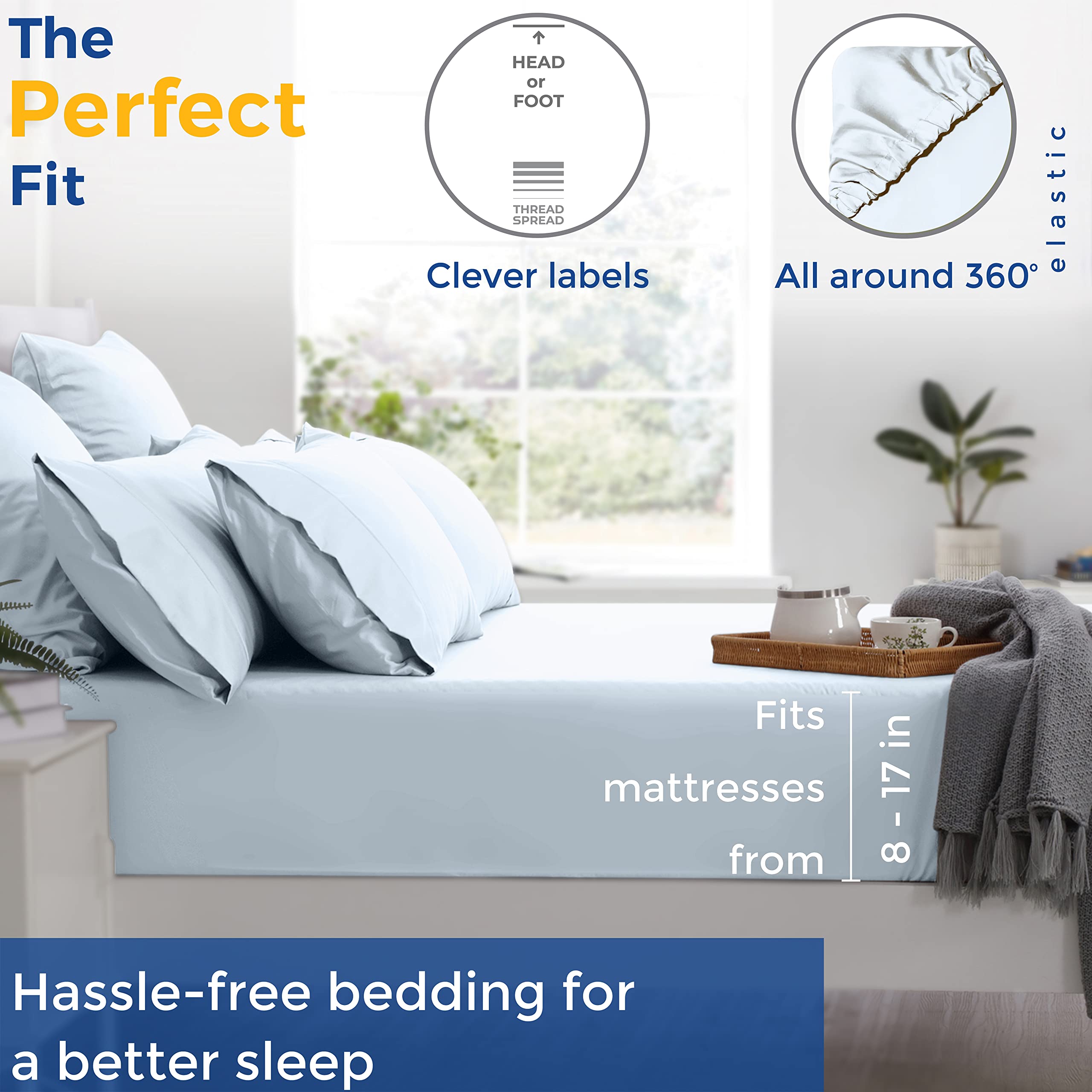 Thread Spread Luxury Sheets 600 Thread Count - Egyptian Cotton Quality Twin Size Sheet Set - Deep Pocket Fitted Bedding Sheets & Pillowcases - 3 Pc Breathable - Light Blue Sheets For Boys & Girls