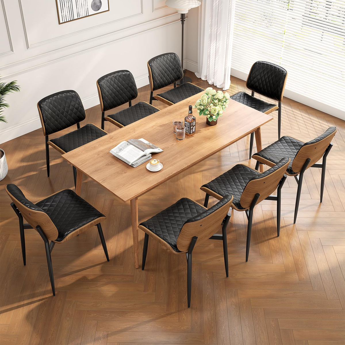 Reoney Dining Chairs Set Of 8, Mid-Century Modern Upholstered Pu Leather Chairs With Walnut Back And Metal Legs Adjustable Feet