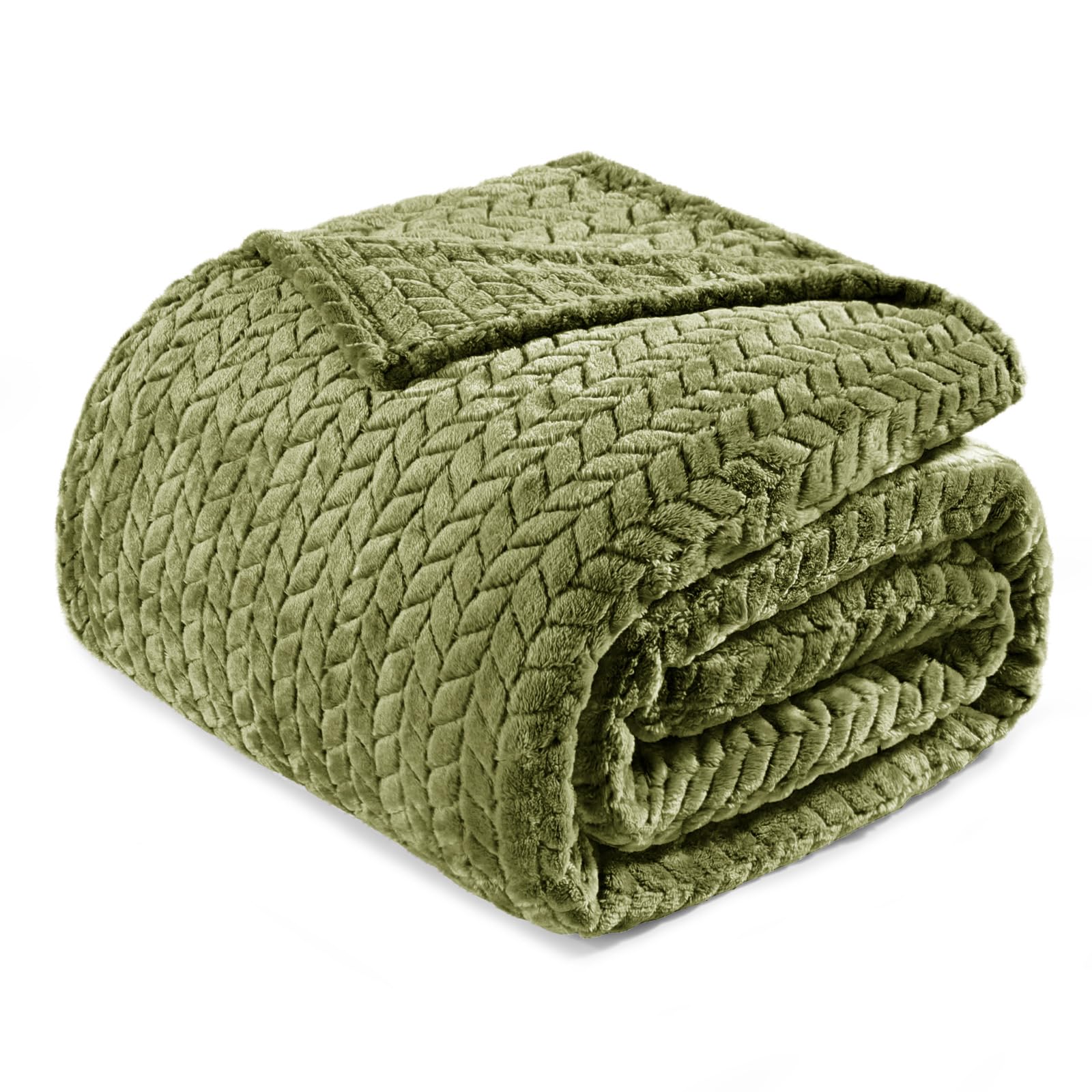 Exclusivo Mezcla Olive Green Fleece King Size Blanket For Bed, 90X104 Inches Soft Cozy 3D Decorative Jacquard Flannel Blankets,