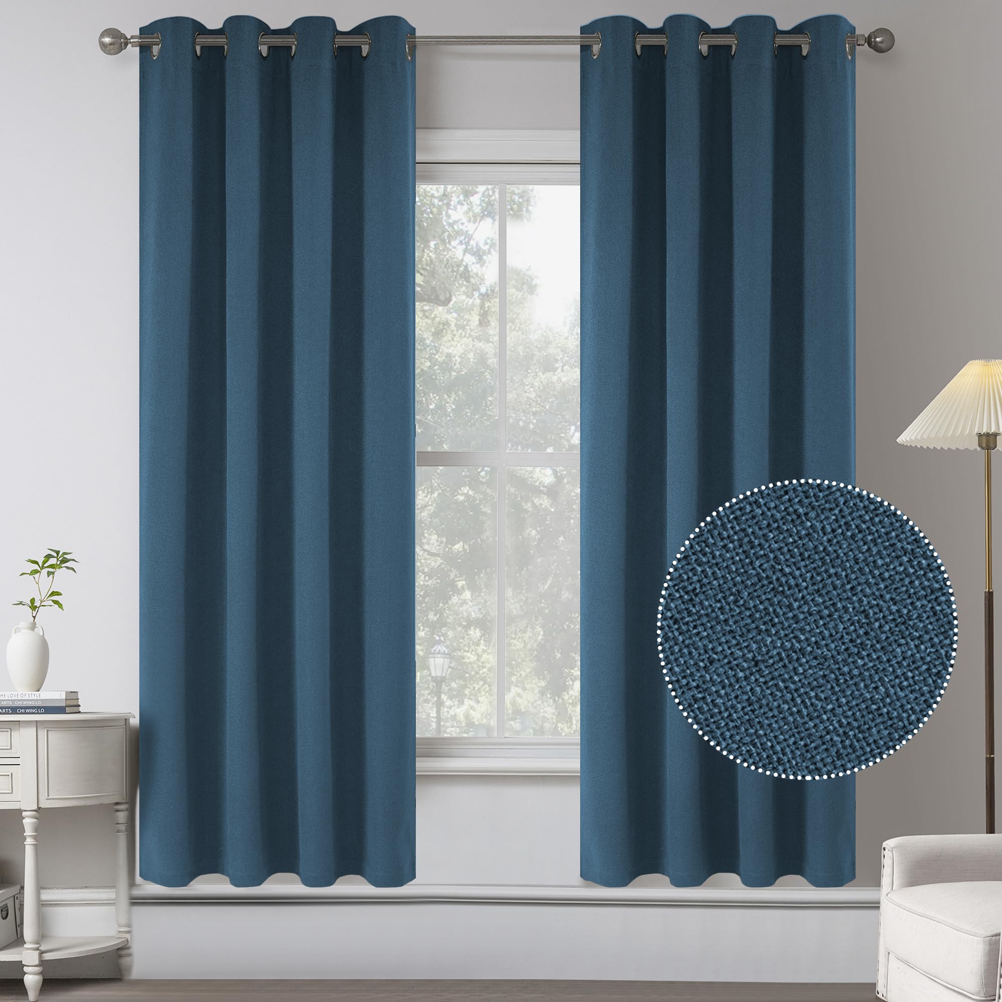 Dark Denim Blue Burlap Texture Linen 100% Blackout Curtains For Bedroom -63 Inches Long Full Light Blocking Thermal Insulated Wi