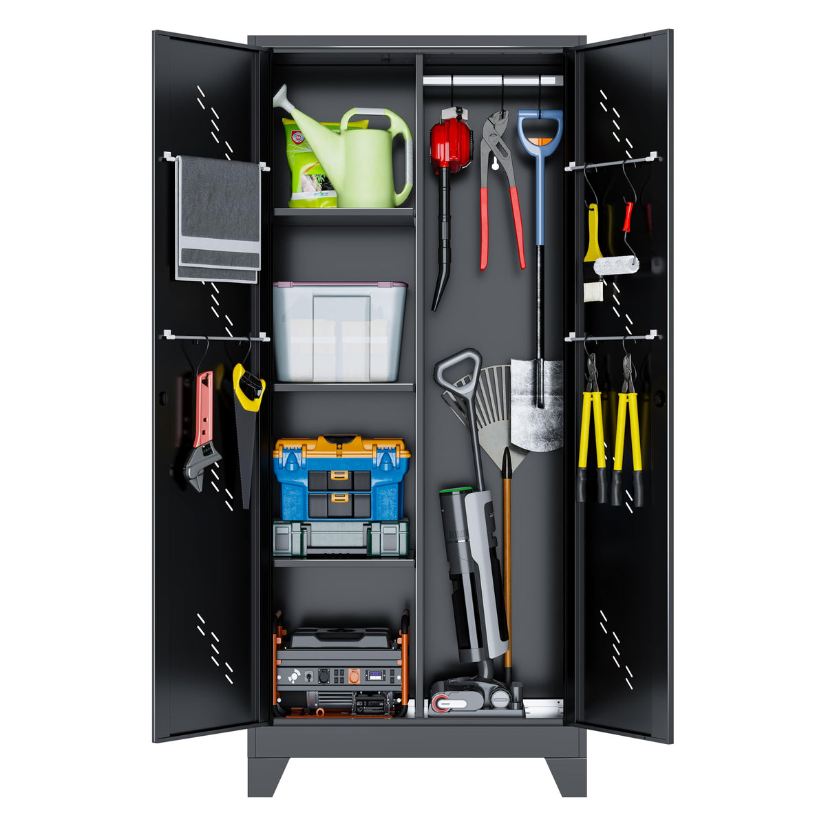 Yilfana Broom Closet Storage Cabinet, 71' Metal Garage Cabinets With Lock & Hanging Rods, Utility Closet For Brooms And Mops, C