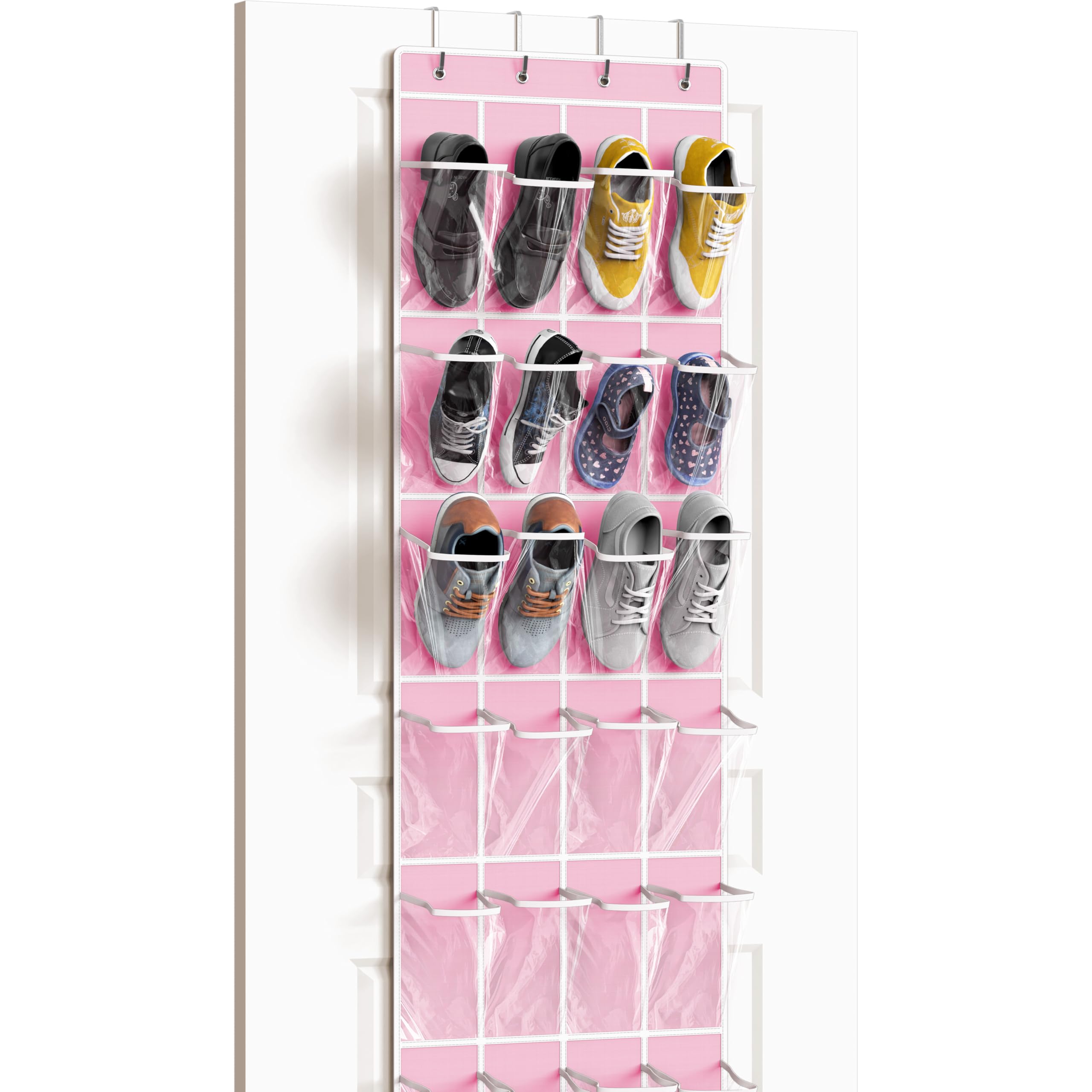 Simple Houseware 24 Pockets - Crystal Clear Over The Door Hanging Shoe Organizer, Pink (64 x 19)