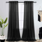 108 Inches Extra Long Black Curtain Panels Drapes For Living Room Back Tab Rod Pocket Pom Pom Tufted Floral Textured Semi Sheer Curtains For Bedroom Large Tall Window High Ceiling To Floor 9Ft