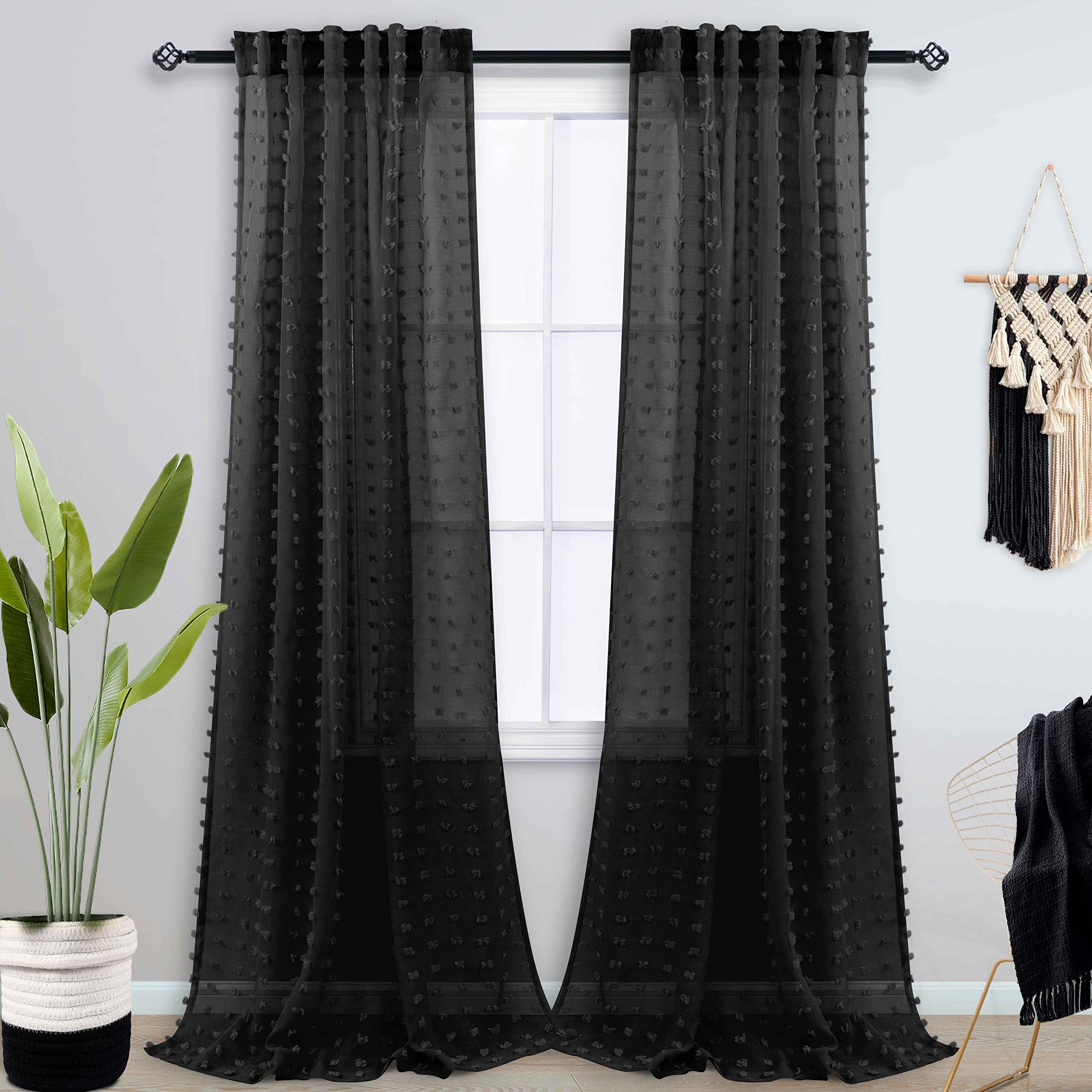 108 Inches Extra Long Black Curtain Panels Drapes For Living Room Back Tab Rod Pocket Pom Pom Tufted Floral Textured Semi Sheer Curtains For Bedroom Large Tall Window High Ceiling To Floor 9Ft