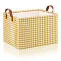Marsui Yellow Checkered Canvas Basket Collapsible Organizing Storage Basket with Leather Handles Rectangular Organizing Bin for 