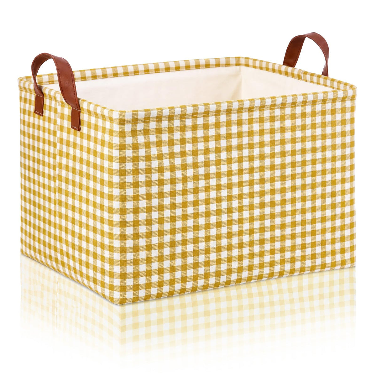 Marsui Yellow Checkered Canvas Basket Collapsible Organizing Storage Basket with Leather Handles Rectangular Organizing Bin for 