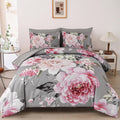 Dintszyayue Grey Comforter Set Queen Size,7 Pieces Pink Floral Print Bed in Bad Elegant Flower Bedding Set Soft Bedding for All 