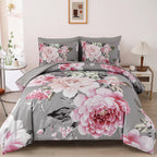 Dintszyayue Grey Comforter Set Queen Size,7 Pieces Pink Floral Print Bed in Bad Elegant Flower Bedding Set Soft Bedding for All 