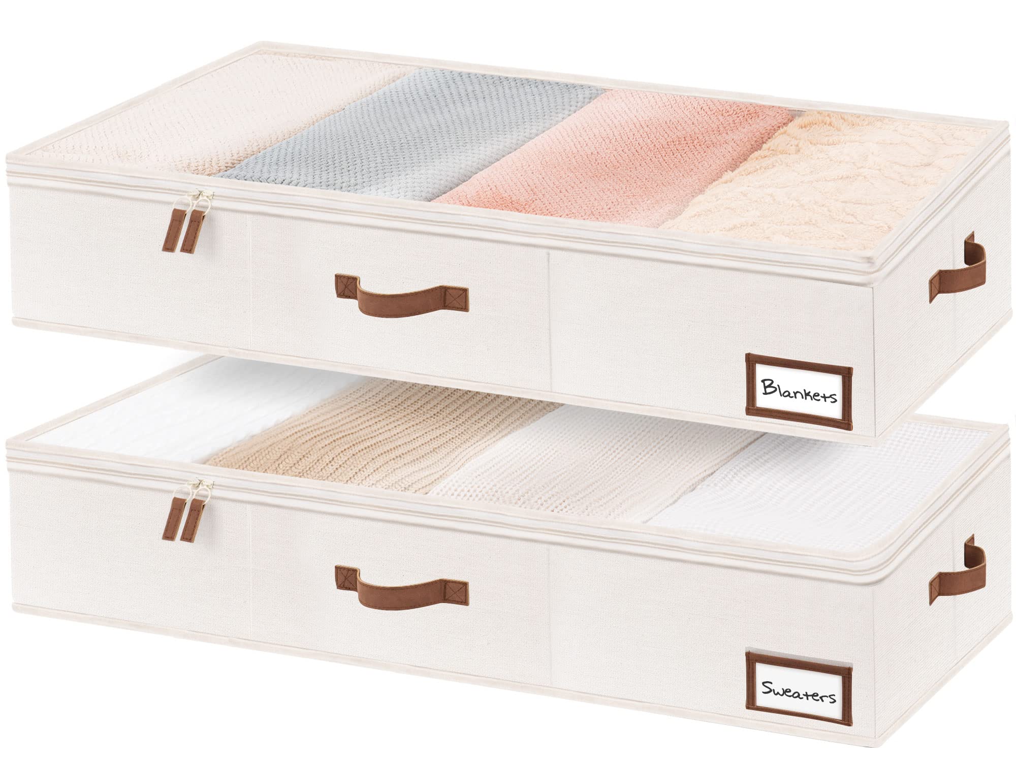 StorageWorks Underbed Storage Bins, Under Bed Storage Containers with Zippers, Closet Organizer for Clothes, Blankets, Ivory Whi