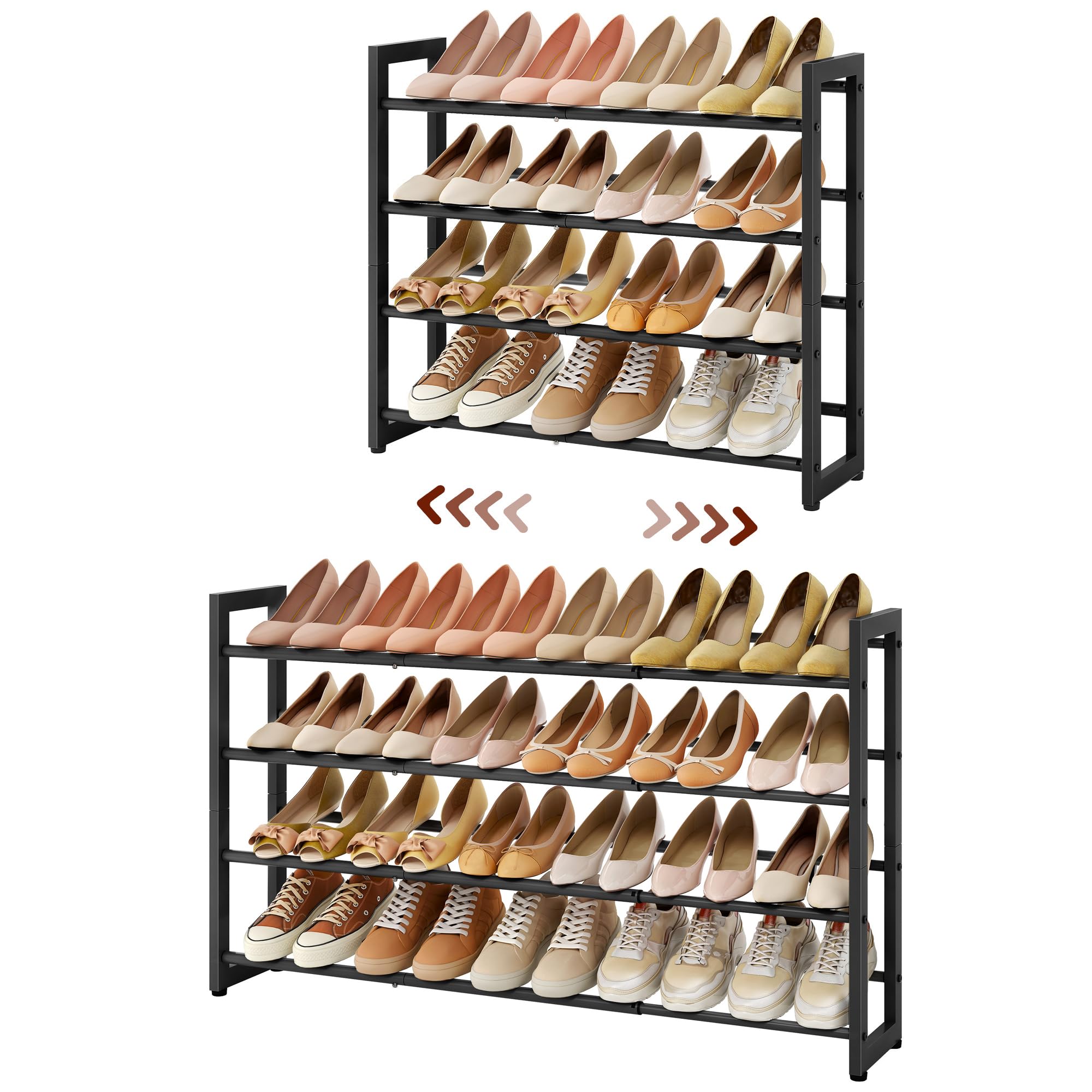 FAVOOSTY 4-Tier Expandable Shoe Rack, Adjustable Shoe Shelf Storage Organizer Space Saving Metal Free Standing Shoe Rack for Ent