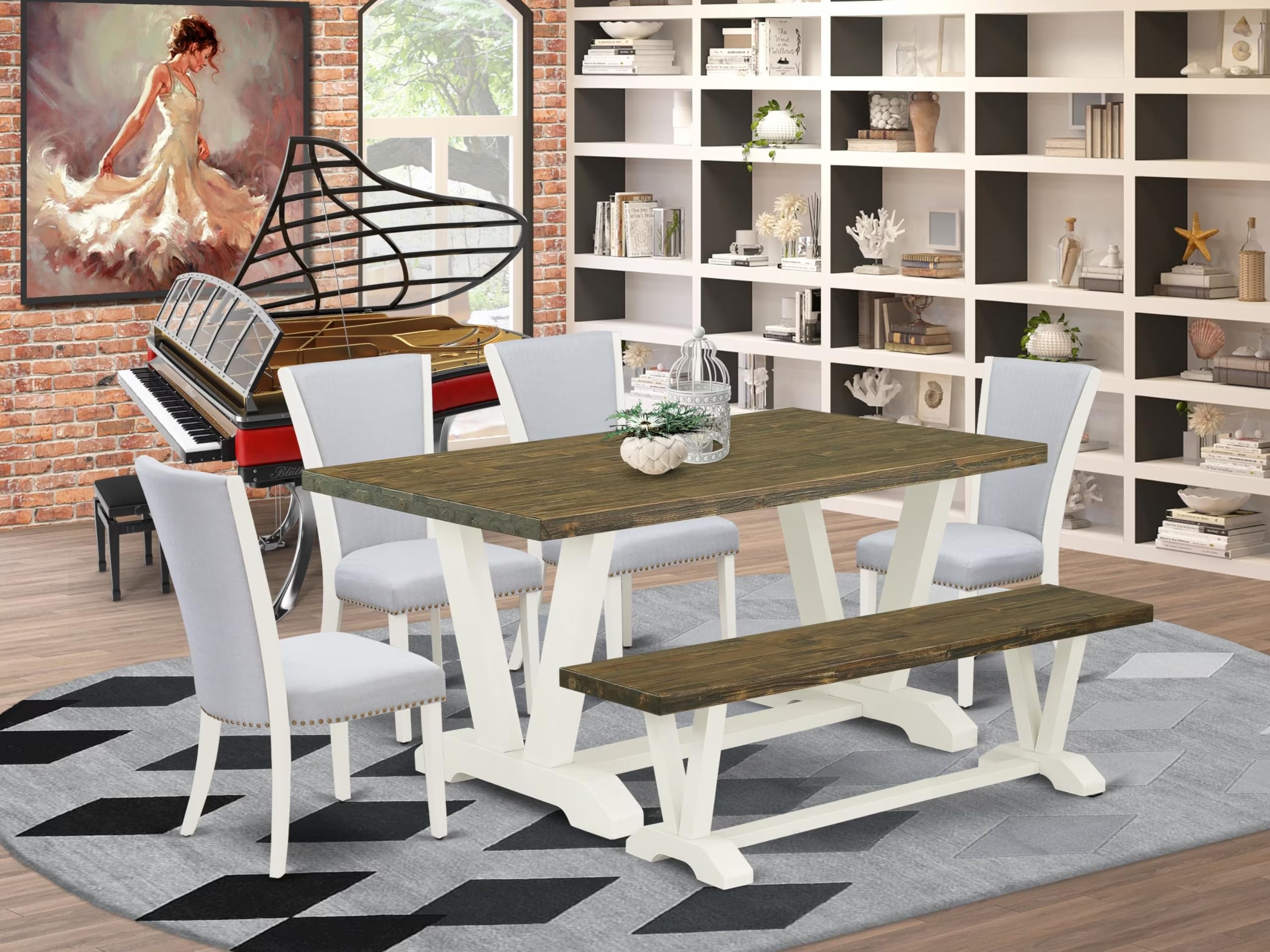 East West Furniture V076VE005-6 6 Piece Kitchen Table Set Contains a Rectangle Dining Table with V-Legs and 4 Grey Linen Fabric Parson Chairs with a Bench, 36x60 Inch, Multi-Color