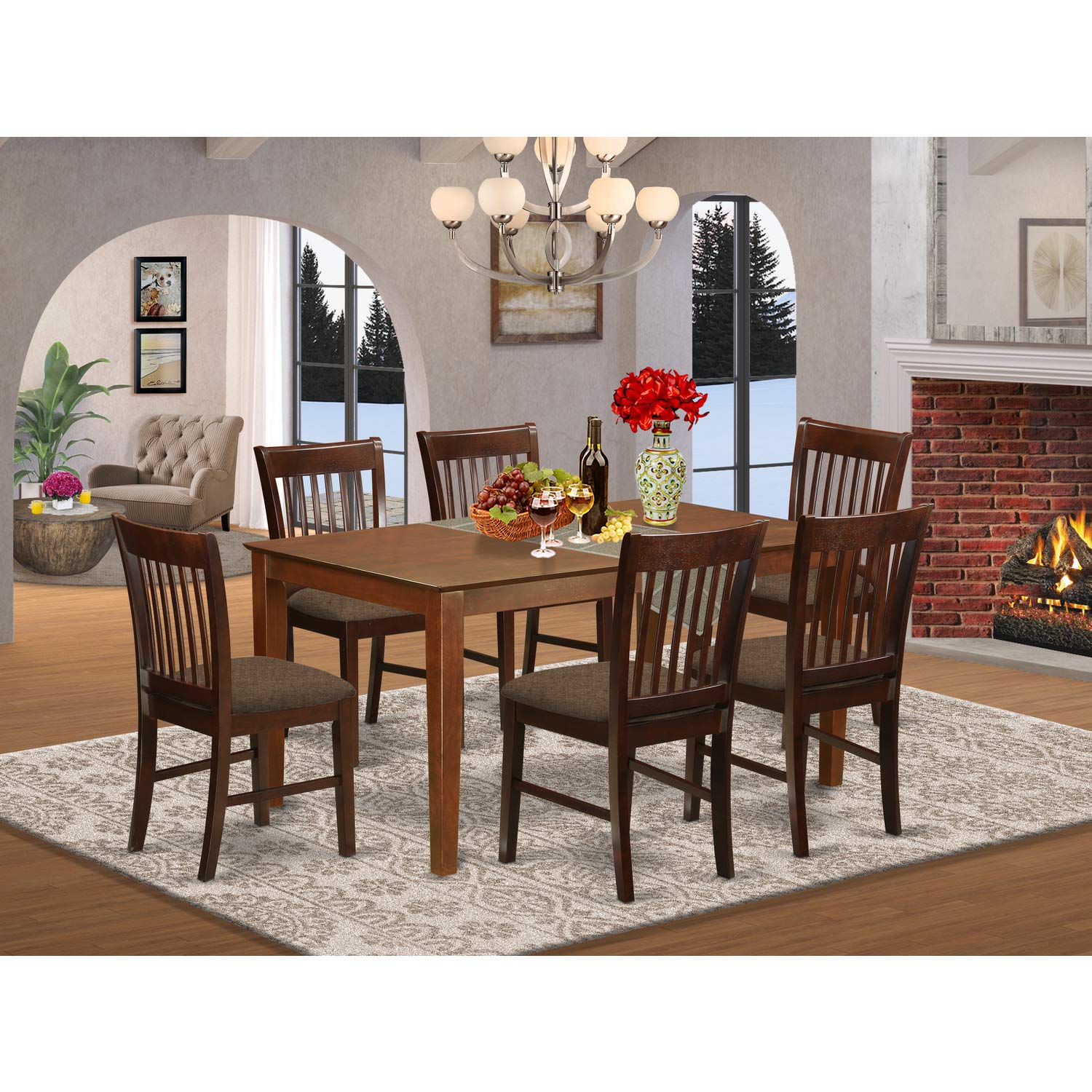 East West Furniture CANO7-MAH-C Small Kitchen Table Set 7 Pc - Microfiber Upholstery Wooden Chairs Seat - Mahogany Finish Dining Room Table and Frame