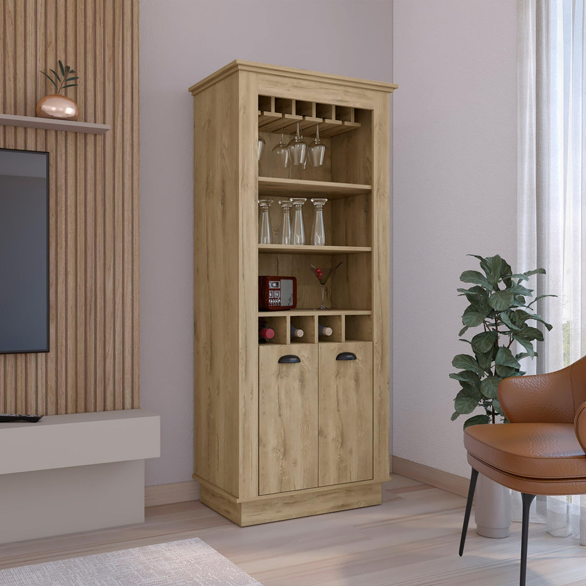 Gale Bar Cabinet Elegant Multi-Storage Unit With Built-In Bottle And Glass Racks, Macadamia