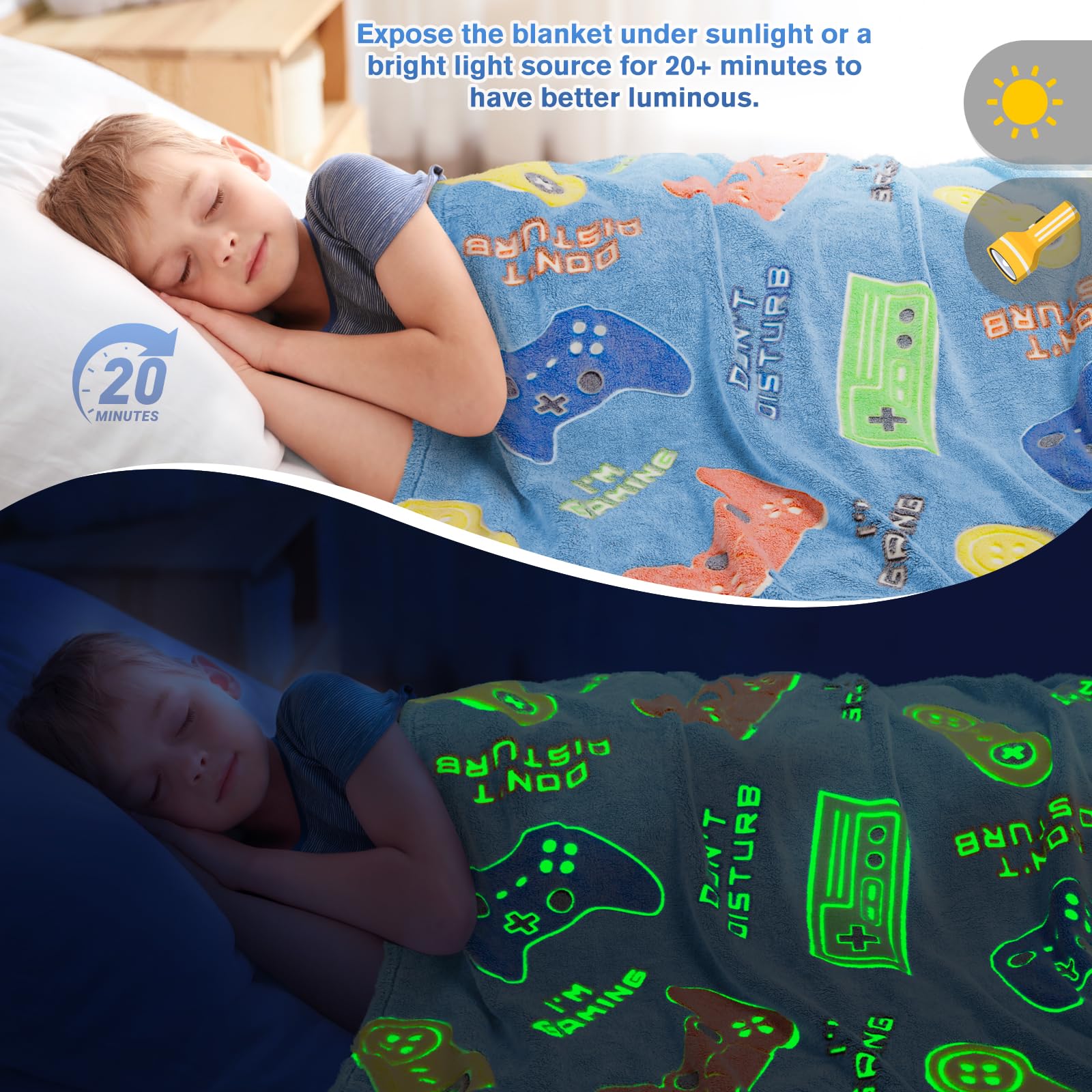 Levens Glow In The Dark Gaming Blanket For Boys - Christmas Easter Valentine'S Gifts Toys For Teens, Gamer Stuff Controller Thro