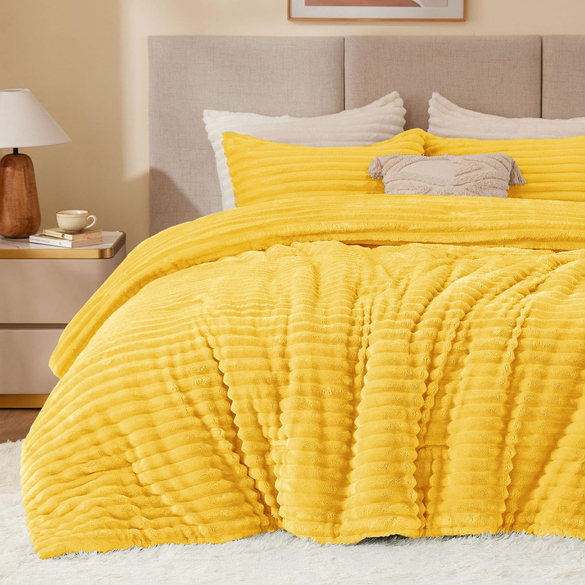 Bedelite Fleece Twin Comforter Set -Super Soft & Warm Fluffy Bright Yellow Bedding, Luxury Fuzzy Heavy Bed Set For Winter With 1