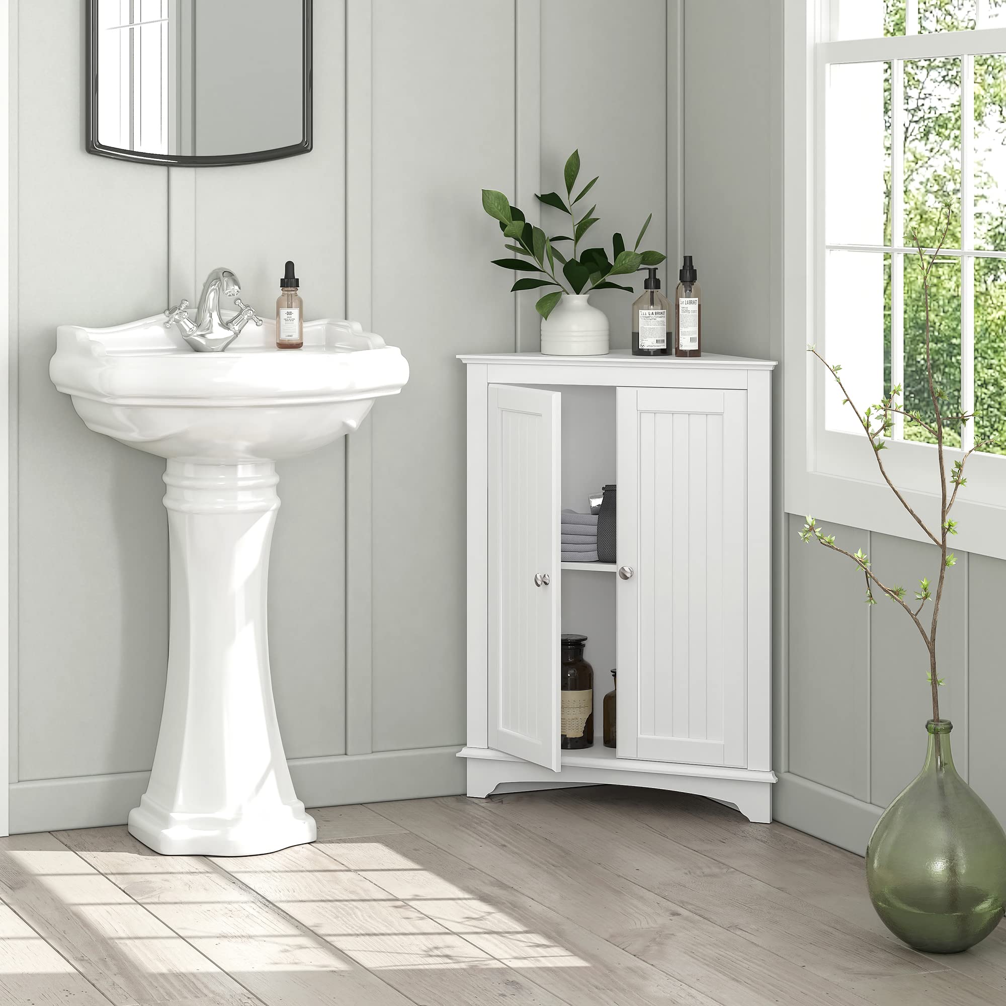 Spirich Home Floor Corner Cabinet With Two Doors And Shelves, Free-Standing Corner Storage Cabinets For Bathroom, Kitchen, Living Room Or Bedroom, White