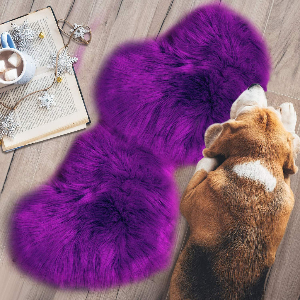 Mudder 2 Pieces Heart Shaped Rug Faux Room Fluffy Carpet Heart Shaped Door Mat For Room Bedroom, 12 X 16 Inch(Purple)