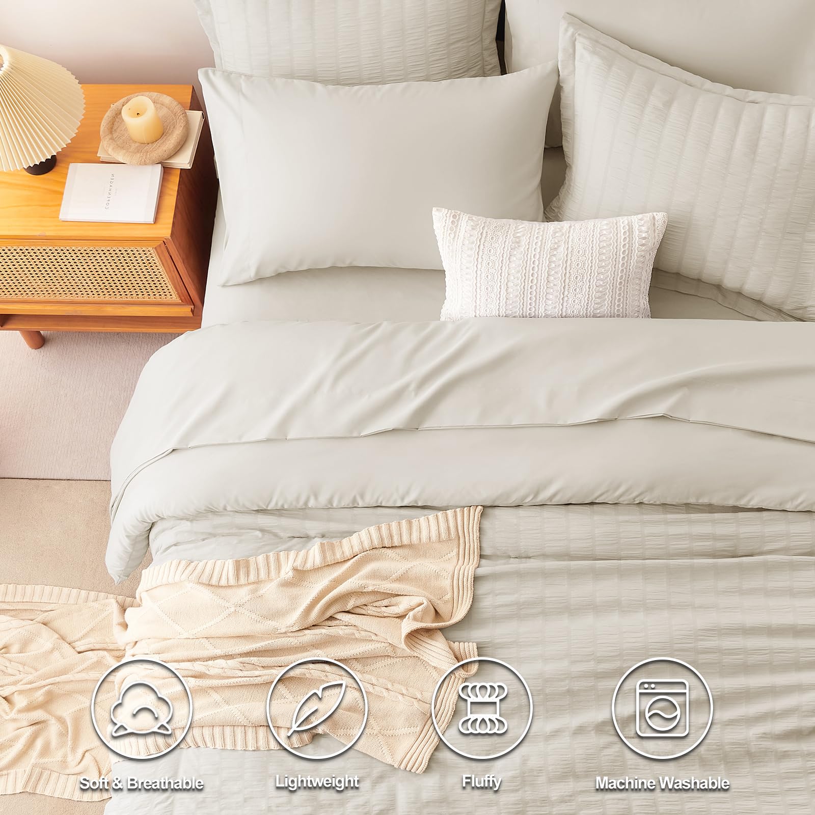 Cozylux King Seersucker Comforter Set With Sheets Oatmeal Bed In A Bag 7-Pieces All Season Bedding Sets With Comforter, Pillow Sham, Flat Sheet, Fitted Sheet, Pillowcase