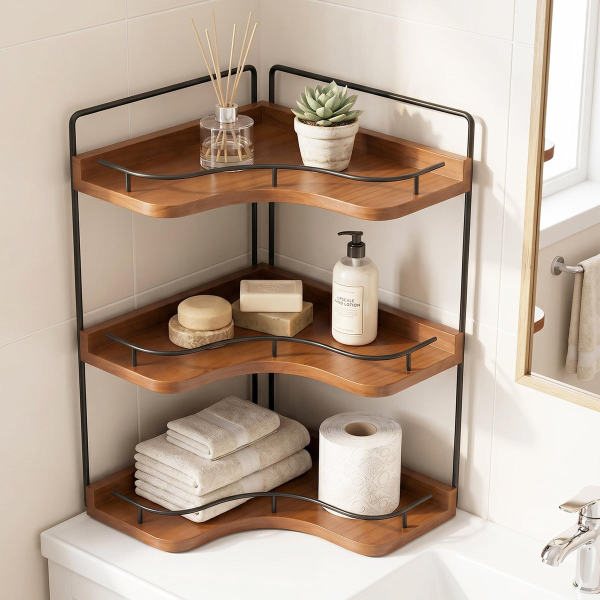 Bacohay 3Tier Corner Bathroom Counter Organizer, Solid Wood Corner Shelf