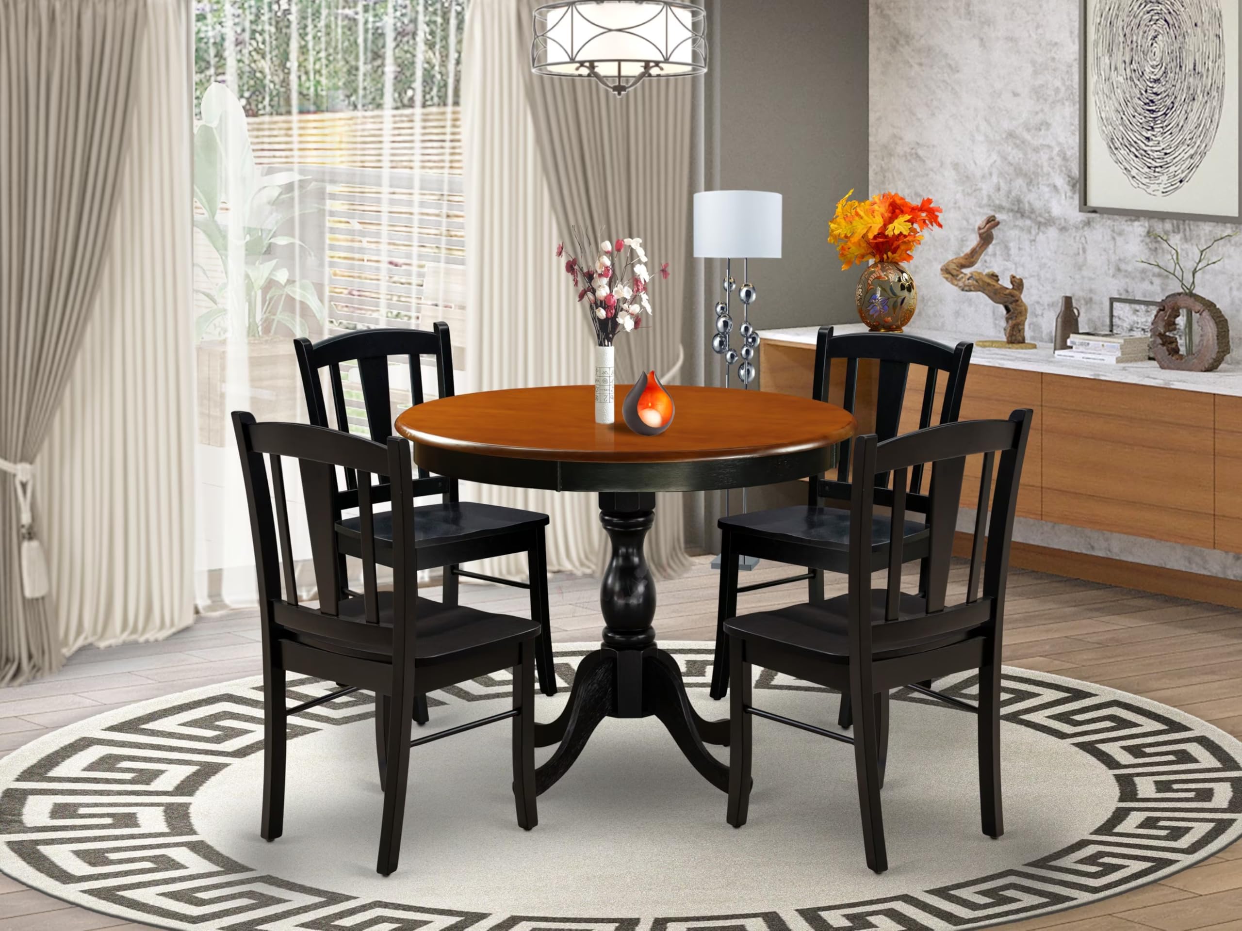 East West Furniture AMDL5-BCH-W 5 Piece Kitchen Table Set for 4 Includes a Round Dining Room Table with Pedestal and 4 Dining Chairs, 36x36 Inch, Black & Cherry