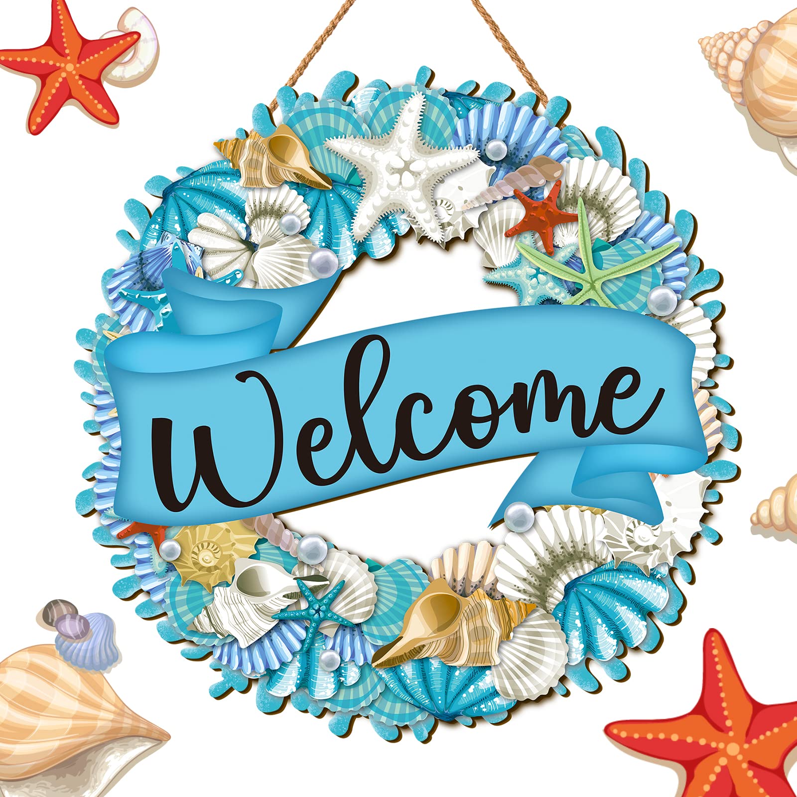 Hello Summer Wreath Sign Ocean Beach Wooden Hanging Wreath Decor Ornament Wood Farmhouse Beach Starfish Door Decor Beach Theme H