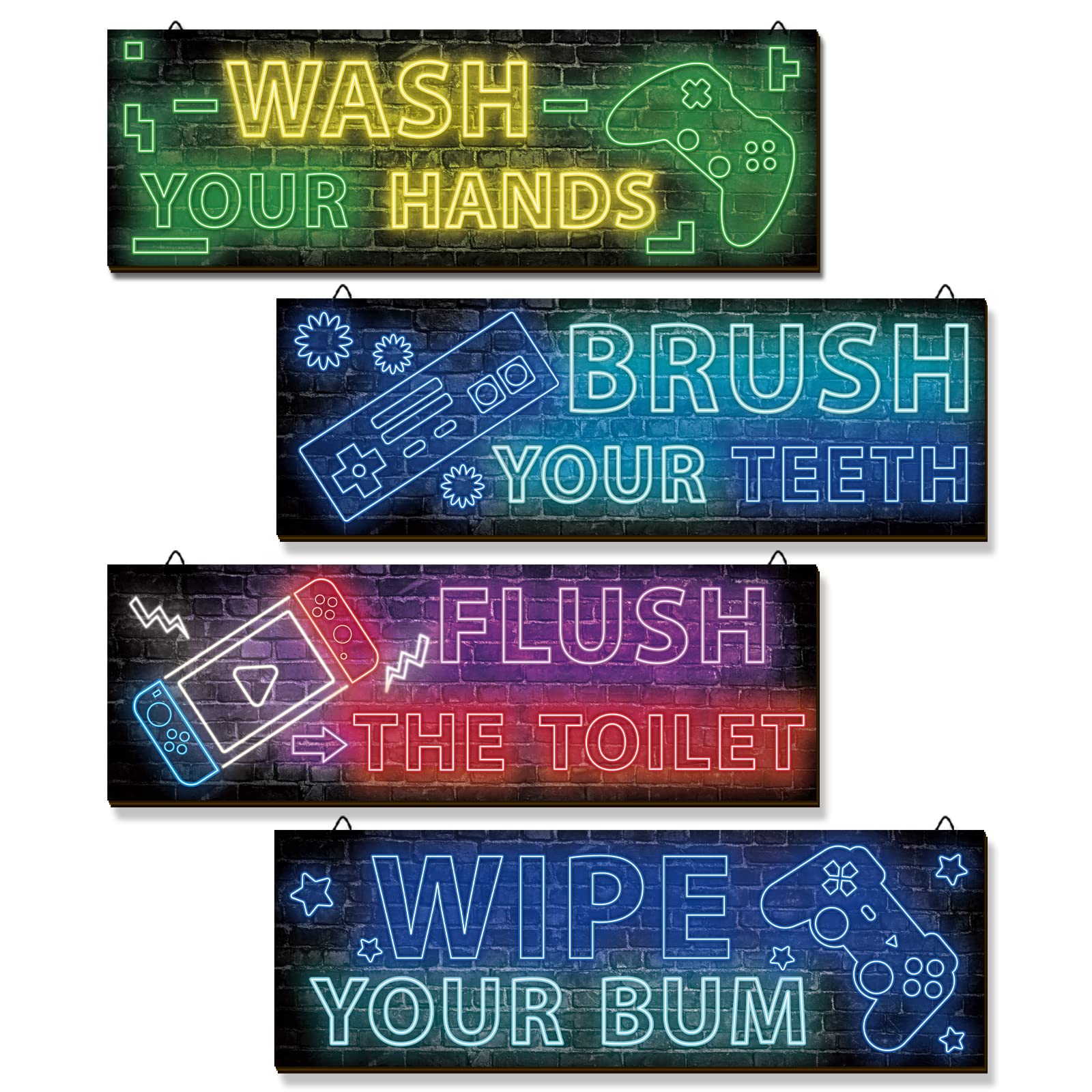 YLOLUL 4 Pcs Boy Bathroom Decor Neon Gaming Decor Teen Bathroom Decor Bathroom Gaming Wall Art Room Accessories for Teen Boys Ki