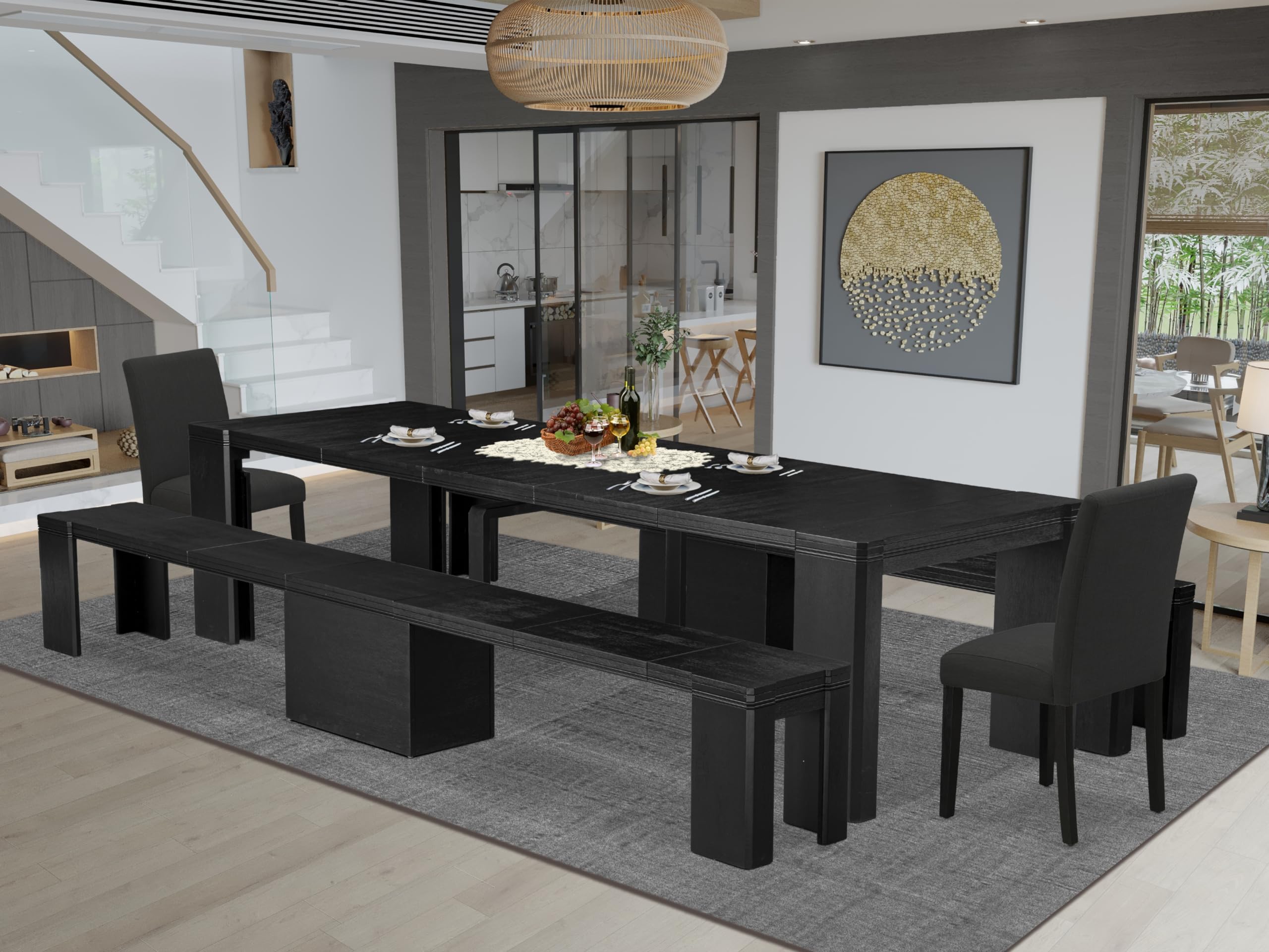 Luxe by East West Furniture - X02AB-206-24 - 5-piece Dining Room Table Set a Rectangular Kitchen Table and 2 wooden Benches and 2 Black Linen Fabric Dining Chair, 39x120 Inch, Wire Brushed Black