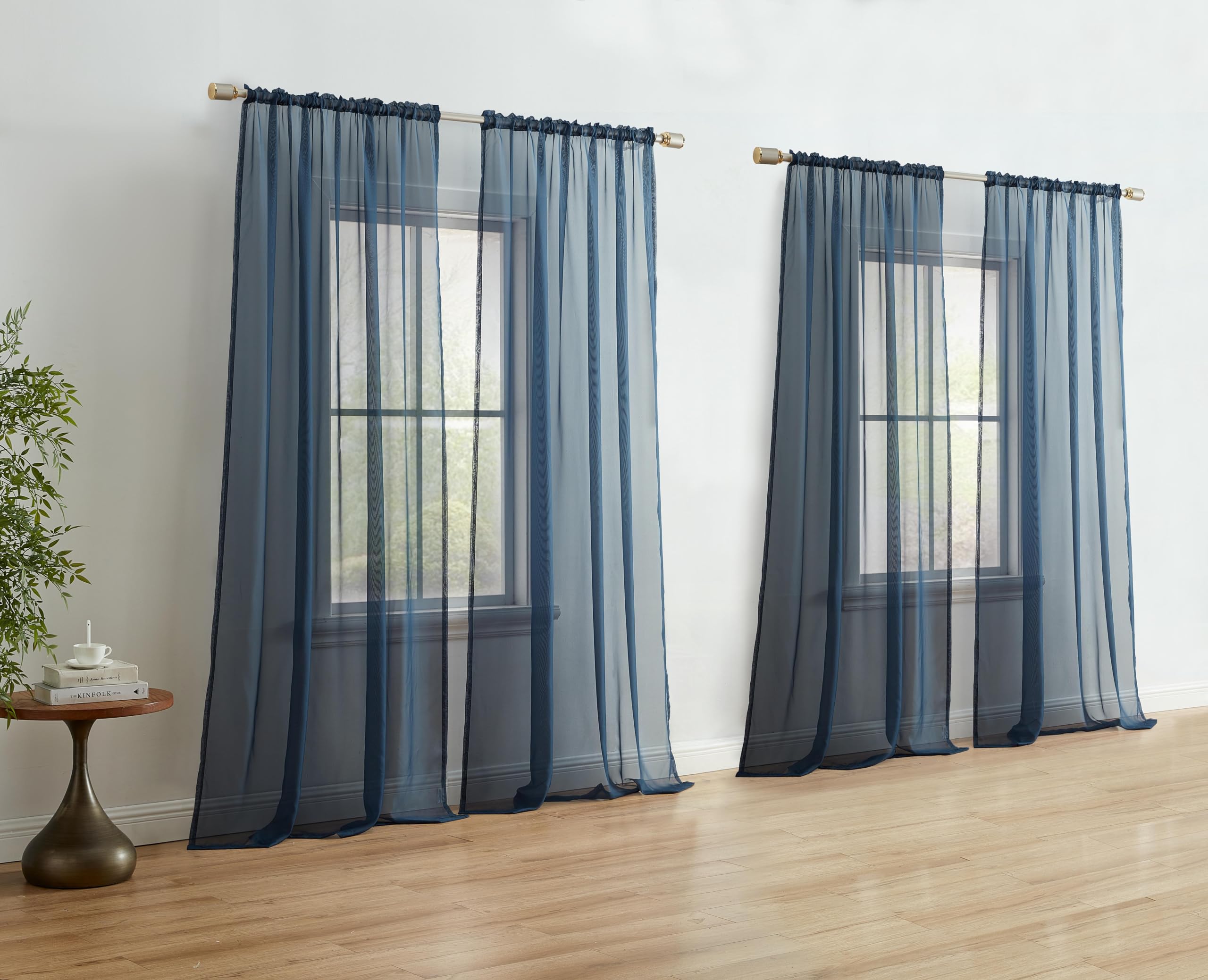 Hlc.Me Navy Blue Sheer Curtain Panels: Sheer Voile Light Filtering Window Treatment Coverings Rod Pocket Curtain Panels For Bedr