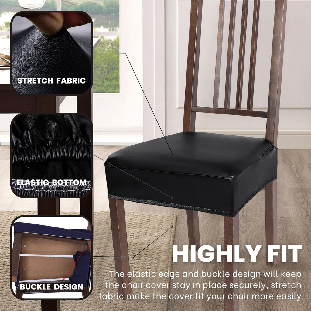 Searchi Waterproof Pu Dining Chair Seat Covers Set Of 4, Soft Removable Washable Seat Covers For Dining Chairs, Dining Room Seat Cover Protector (Rear-Covered, Pu Black)