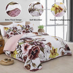 Drucon Floral Quilt Set King 3 Pieces Boho Blush Quilt Coverlet Set Soft Microfiber Lightweight Colorful Floral Quilted Bedsprea