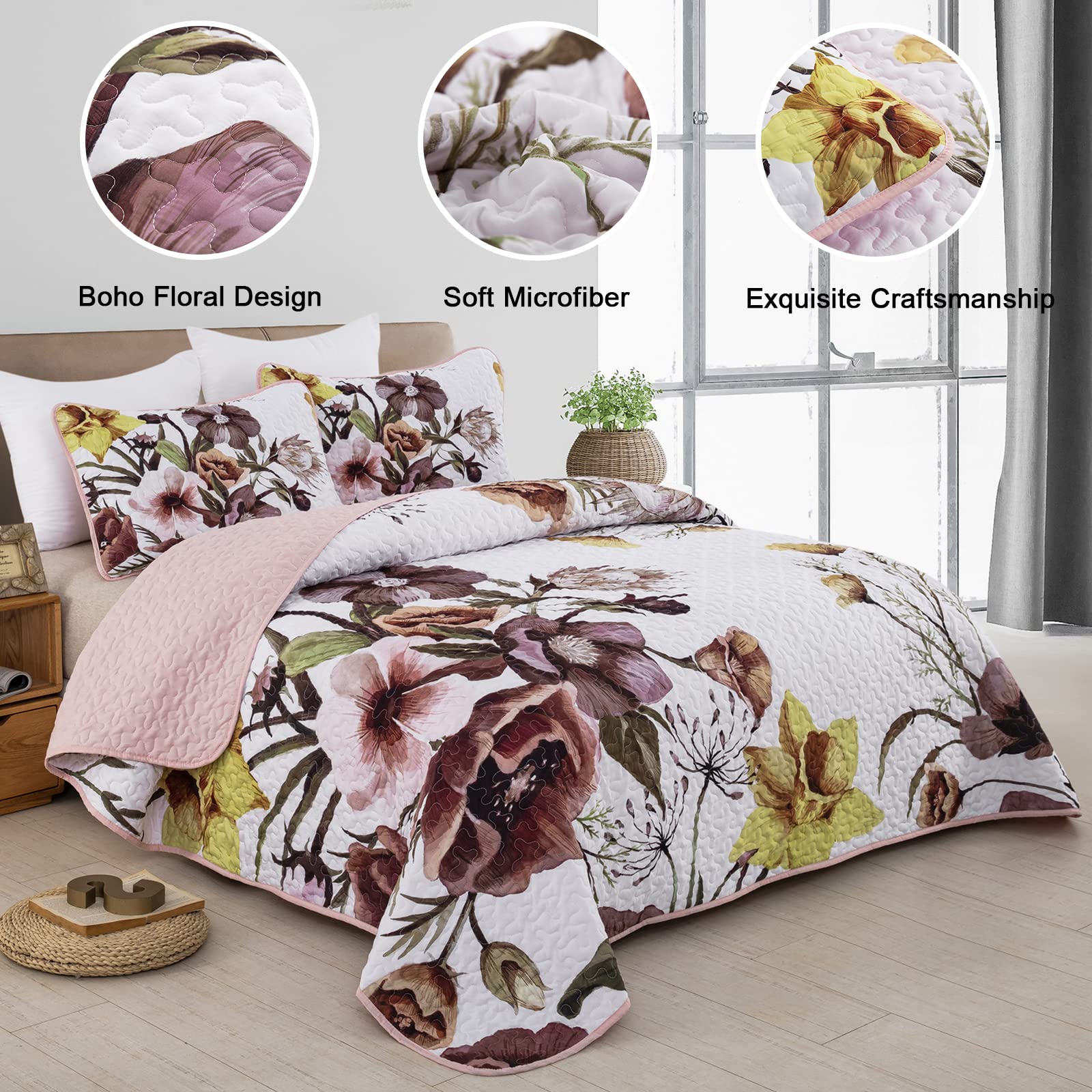 Drucon Floral Quilt Set King 3 Pieces Boho Blush Quilt Coverlet Set Soft Microfiber Lightweight Colorful Floral Quilted Bedsprea