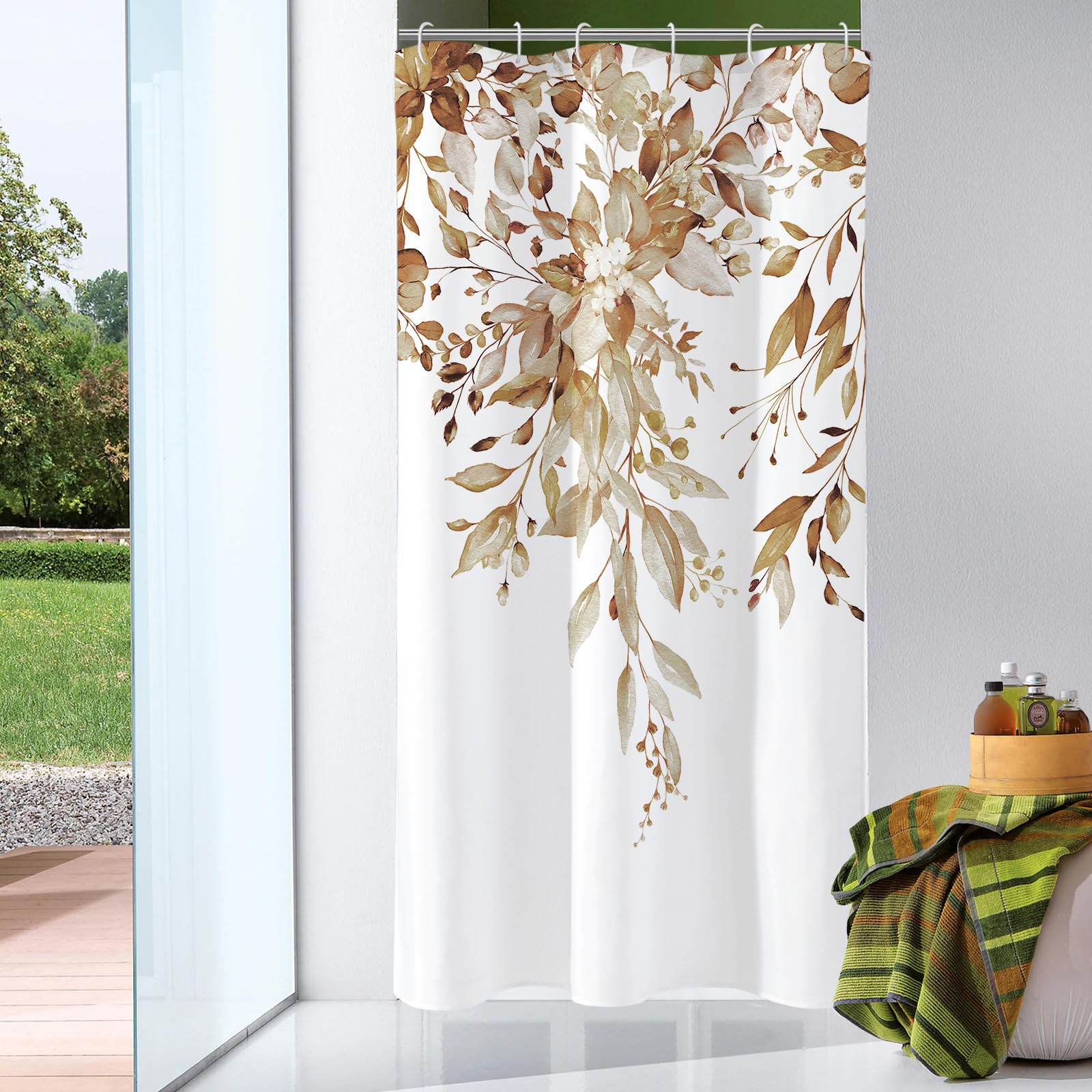 Gibelle Small Stall Shower Curtain 36 x 72, Narrow Brown Floral Shower Curtain for Bathroom, Watercolor Plant Eucalyptus Leaves 