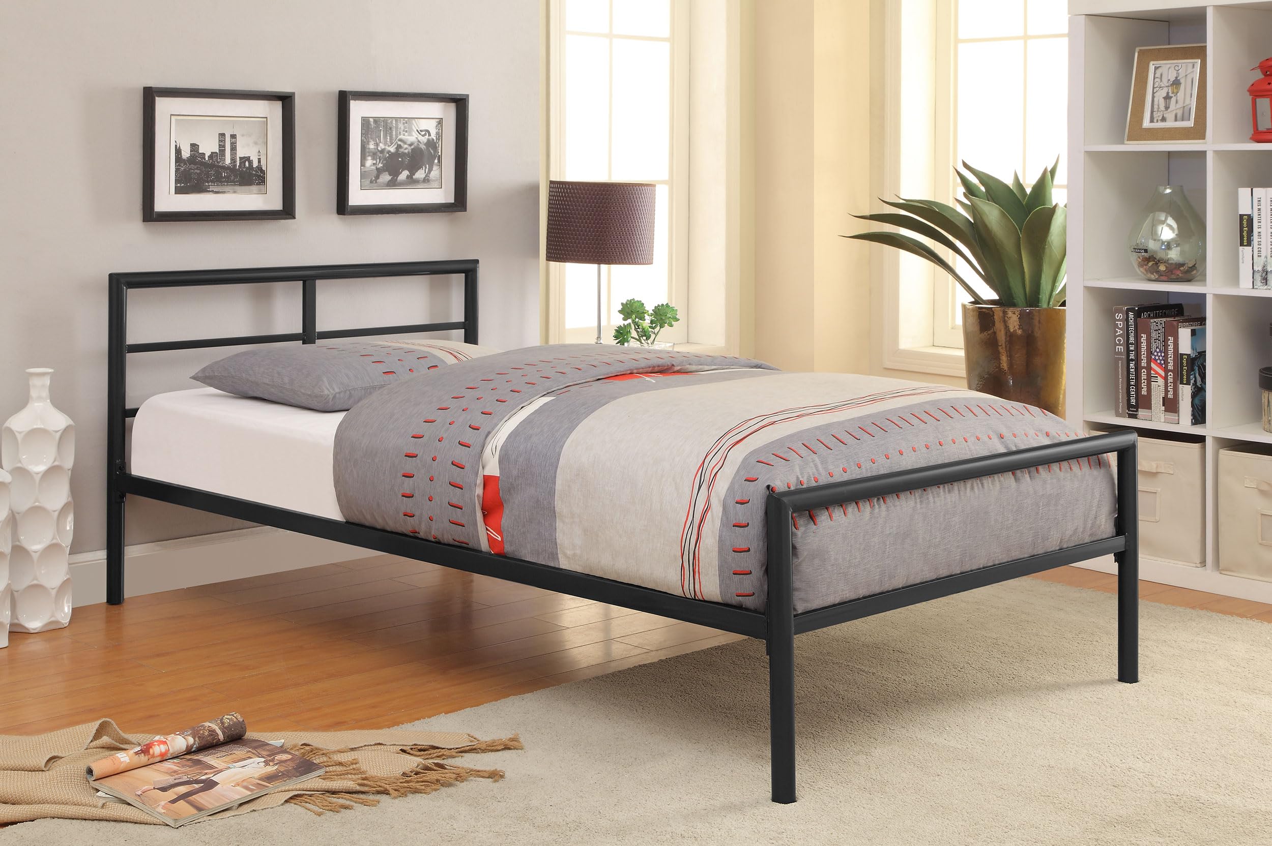 Coaster Home Furnishings Fisher Contemporary Twin Size Open Frame Bed Frame Platform Bed 30-inch Headboard Gunmetal 300279T