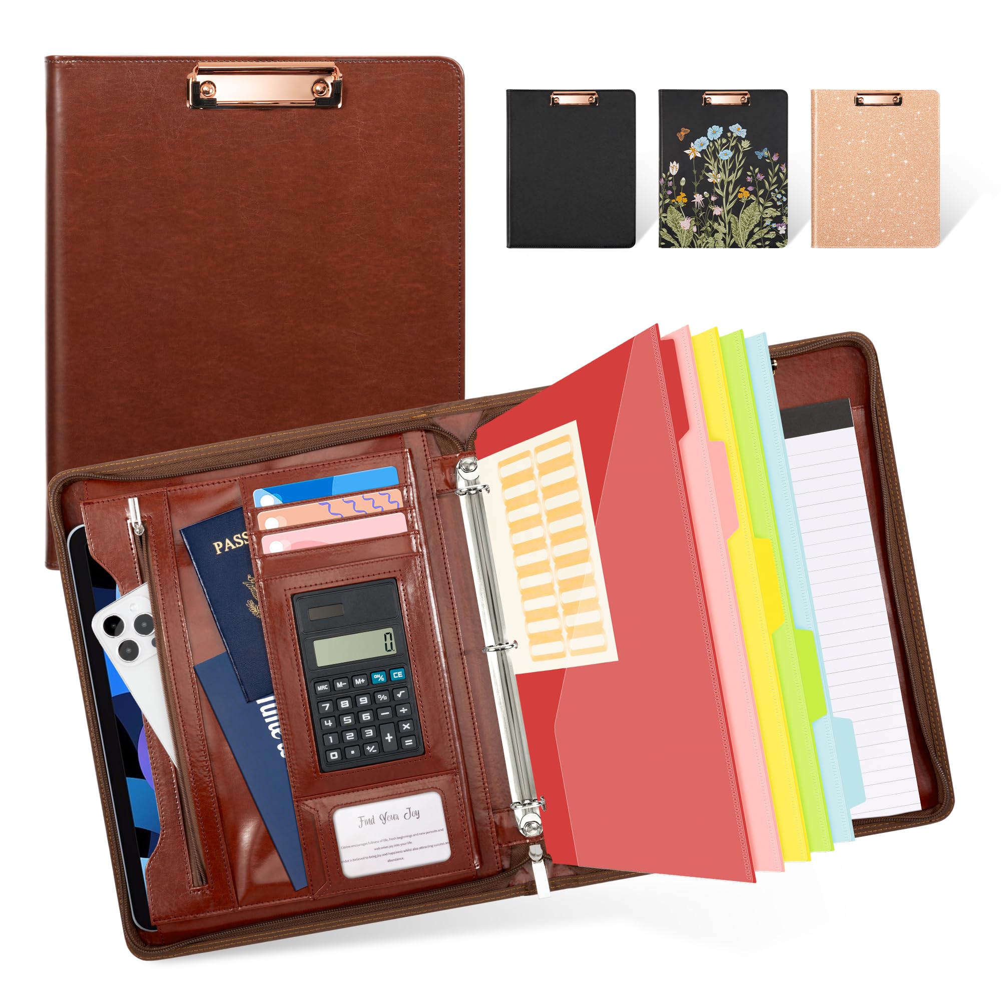 Ospelelf 3 Ring Binder Portfolio Folder With Zipper- Leather Padfolio With Clipboard Storage- Calculator, 12.1    Tablet Sleeve,