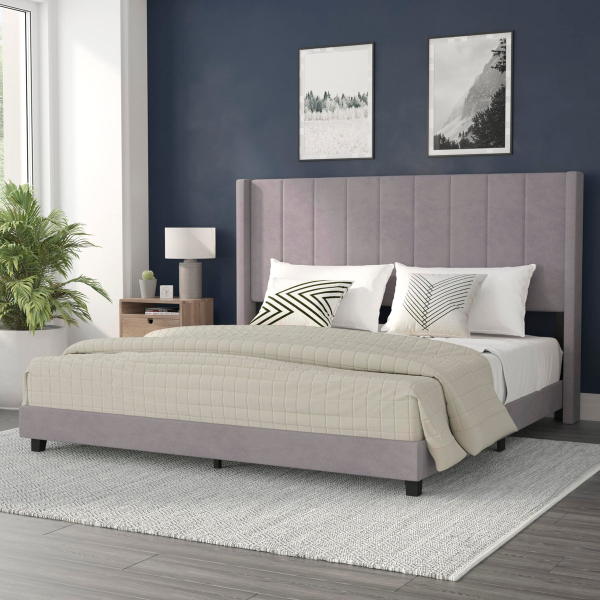 Flash Furniture Bianca Upholstered Platform Bed - Gray Velvet Upholstery - King - Wingback Headboard - Slatted Mattress Foundation - No Box Spring Needed