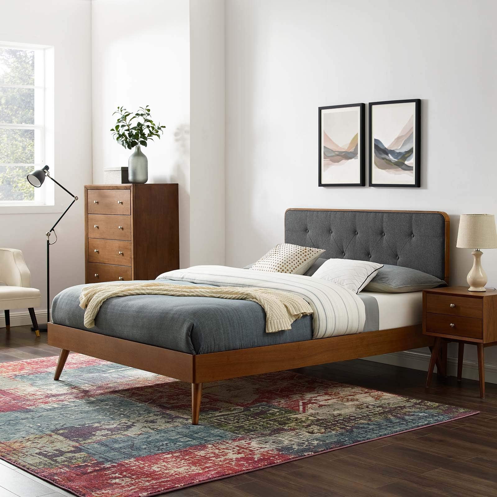 Modway Bridgette Wood Platform Bed With Splayed Legs, Queen, Walnut Charcoal