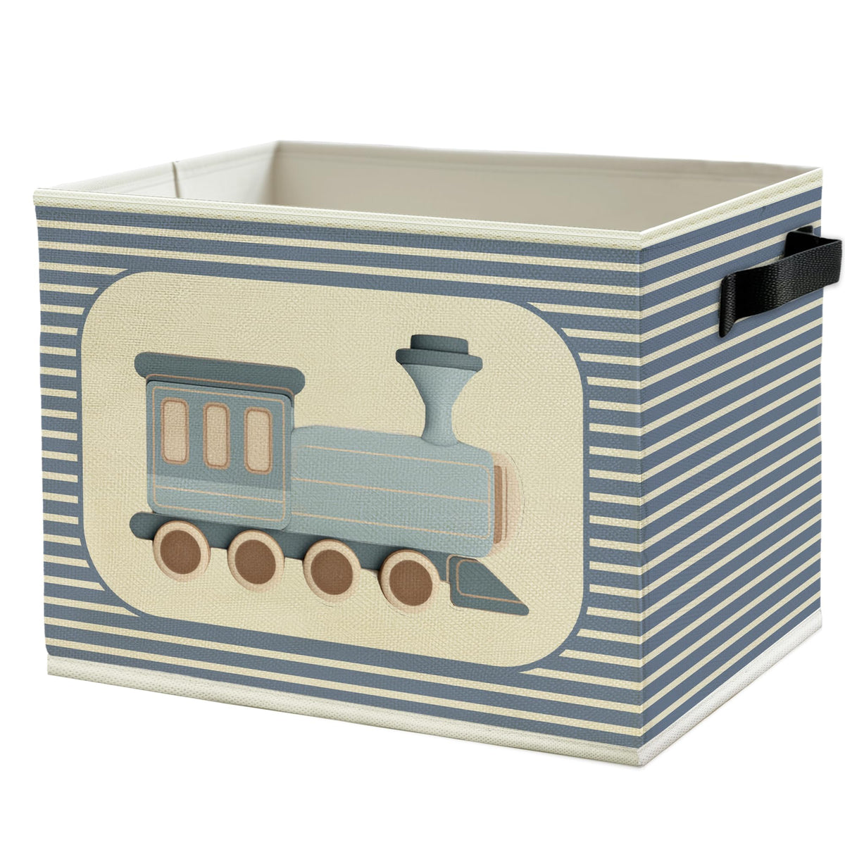 WULQYING Train Boy Nursery Storage Bins Box with Handles, Train Transportation Blue Striped Collapsible Basket Organizer for Kid