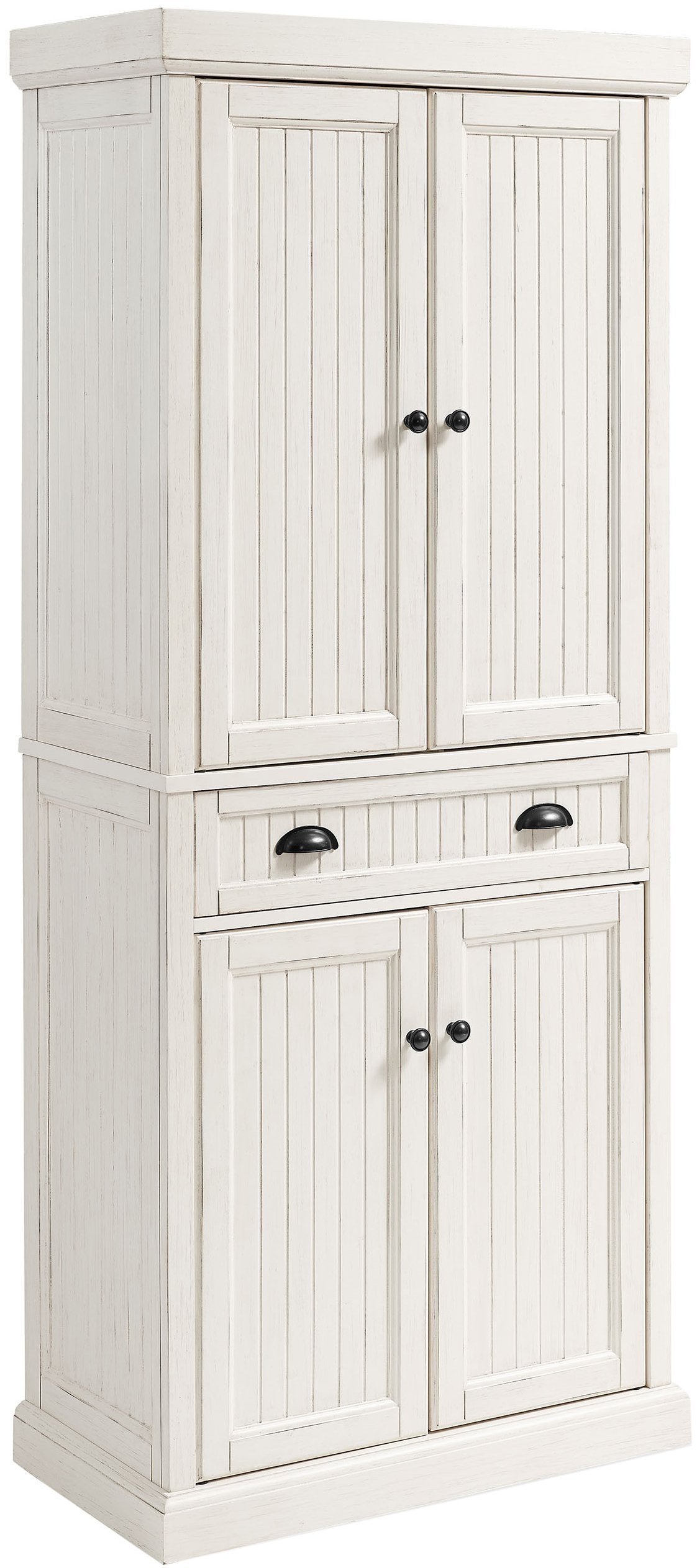 Crosley Furniture Seaside Coastal Pantry Storage Cabinet with Shelves, Kitchen, Dining, or Laundry Room, Distressed White