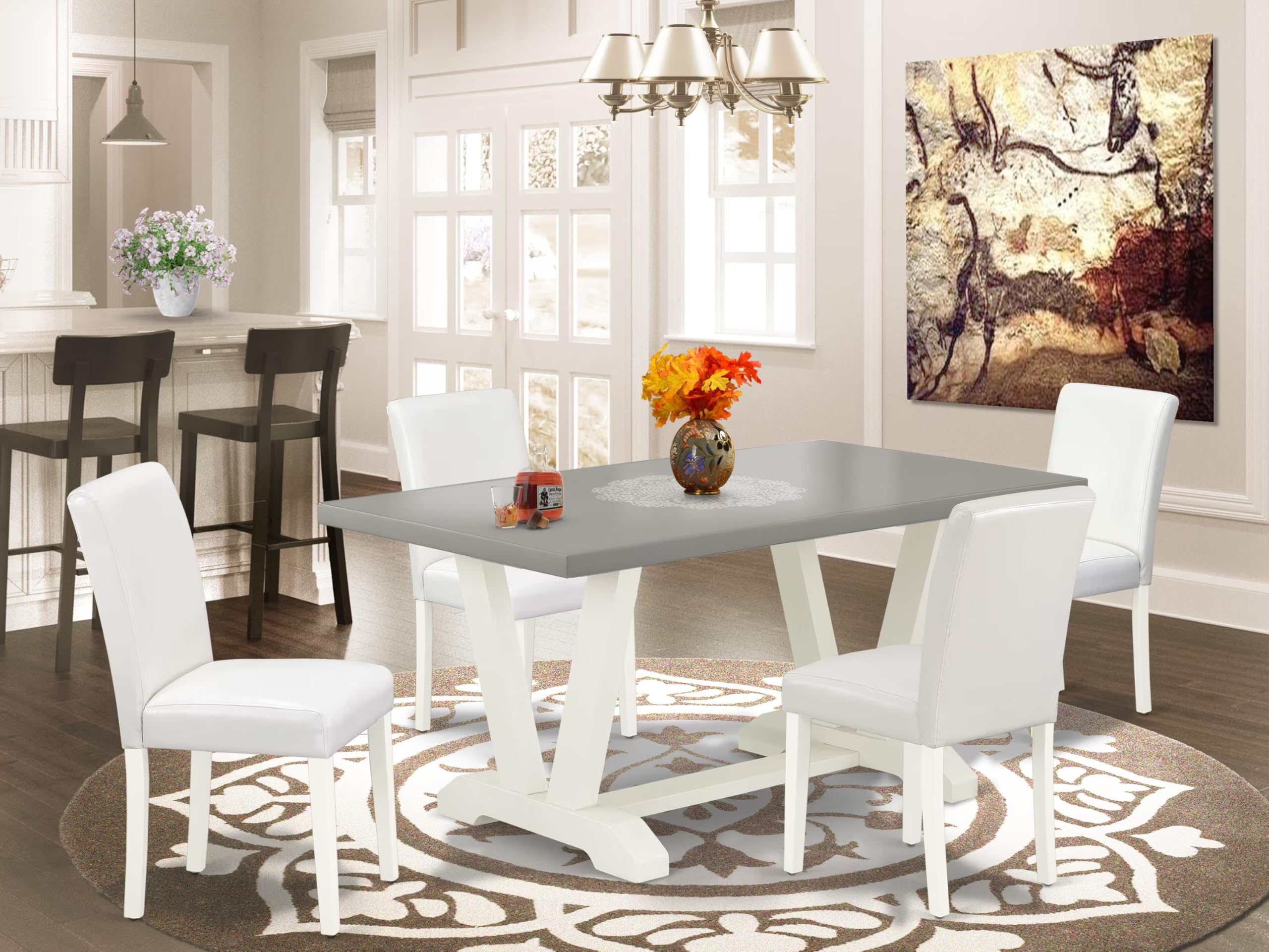 East West Furniture V096Ab264-5 5 Piece Kitchen Table & Chairs Set Includes A Rectangle Dining Room Table With V-Legs And 4 White Faux Leather Parsons Dining Chairs, 36X60 Inch, Multi-Color