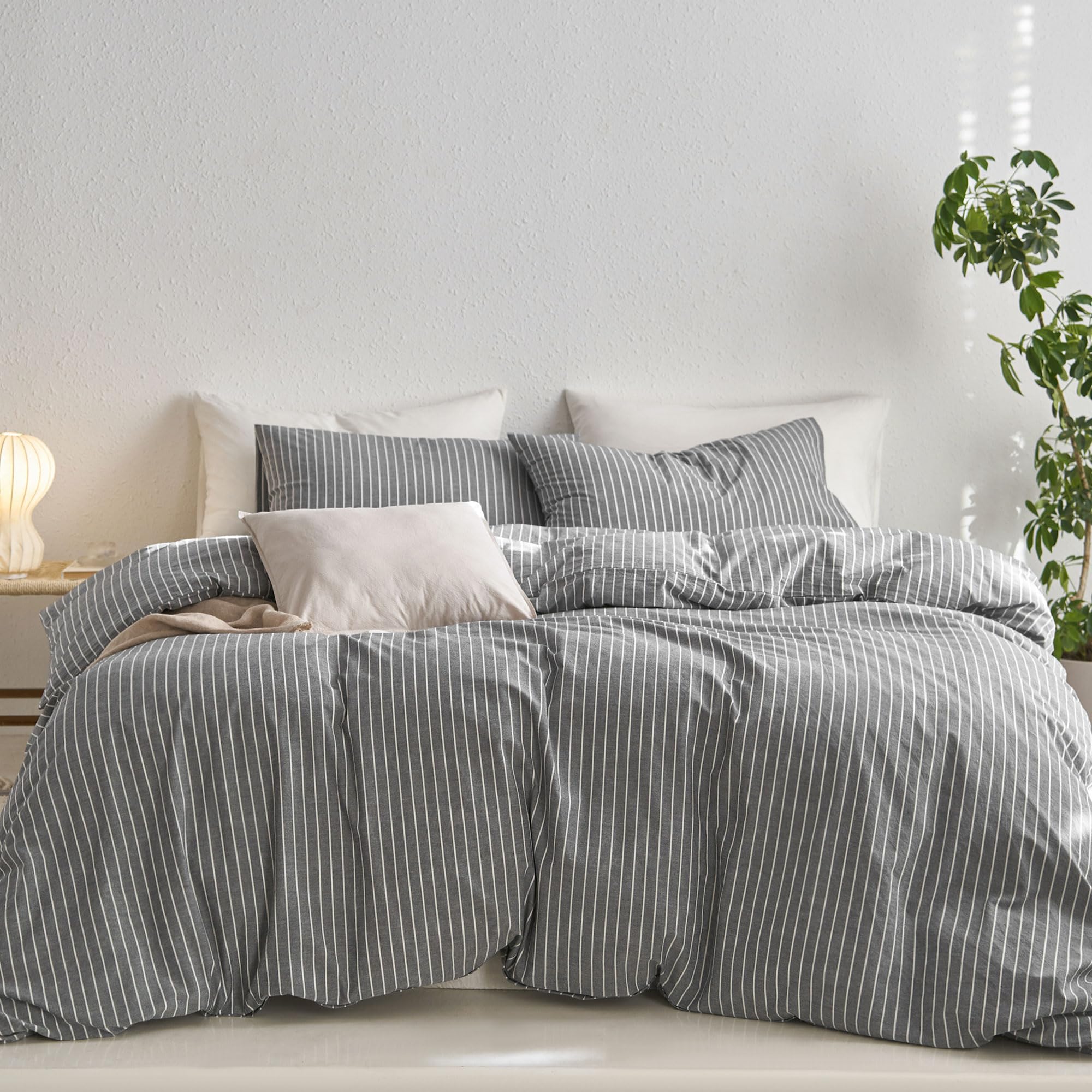 Moomee Striped Duvet Cover Set 100% Washed Cotton Linen Like Textured Breathable Durable Soft Comfy (Dark Grey White Wide Stripe