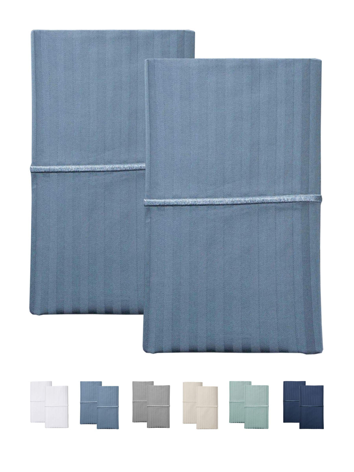 Feather & Stitch 2 Piece Pillowcase Set King Size Blue 100% Cotton Damask Stripe Pillow Cases 500 Thread Count 20X40 Inches Ultr