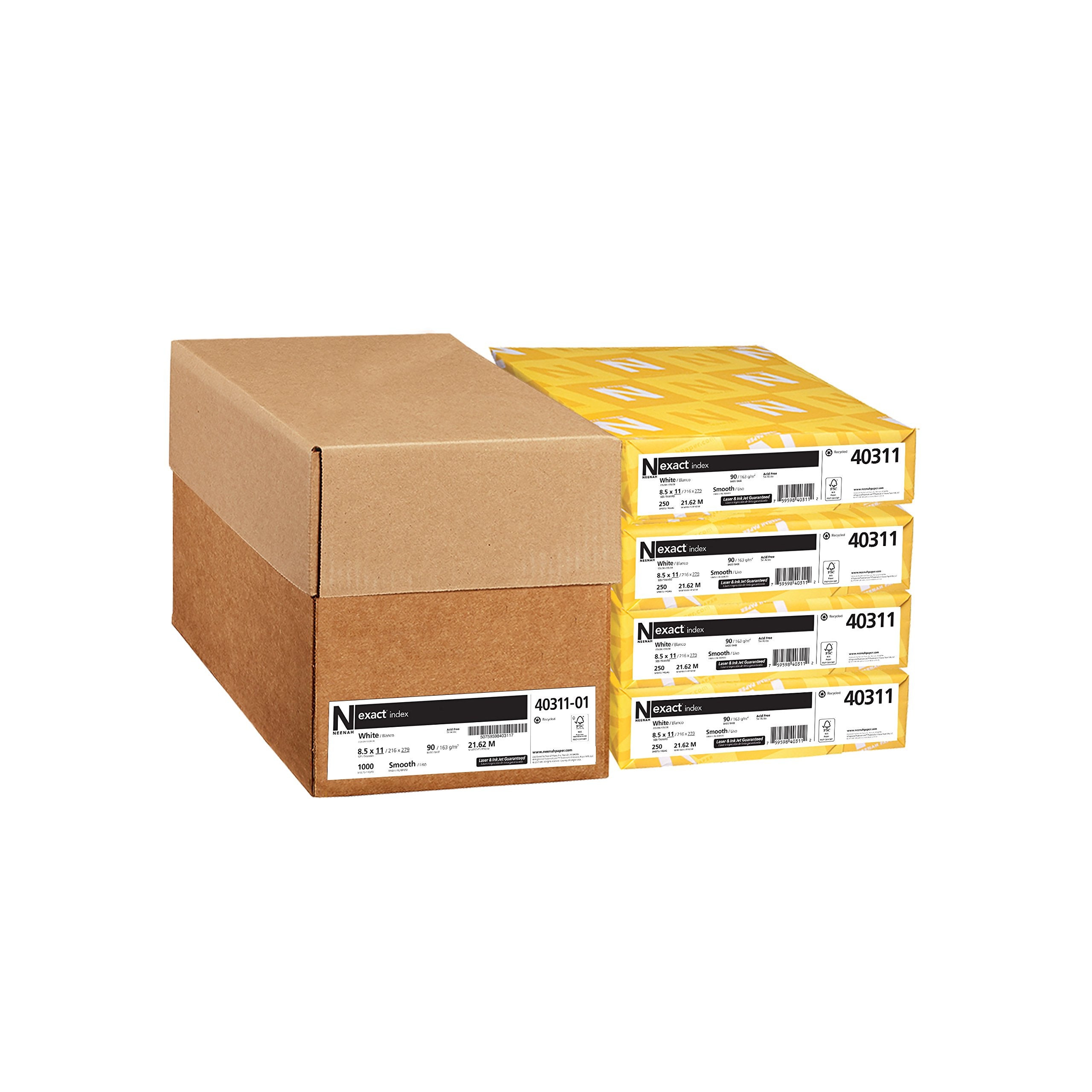 Exact Index Cardstock, 94 Brightness, 90 Lb /163 Gsm, 1000 Sheets/Carton, 8.5' X 11', White - 40311-01, (Pack Of 4)