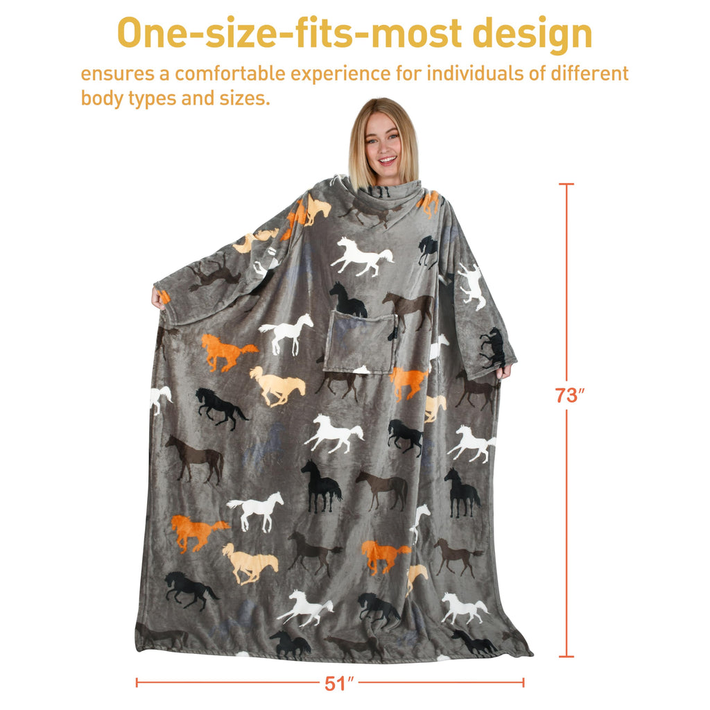 Catalonia Wearable Blanket with Sleeves and Pocket, Fleece, Taupe Horse, One Size
