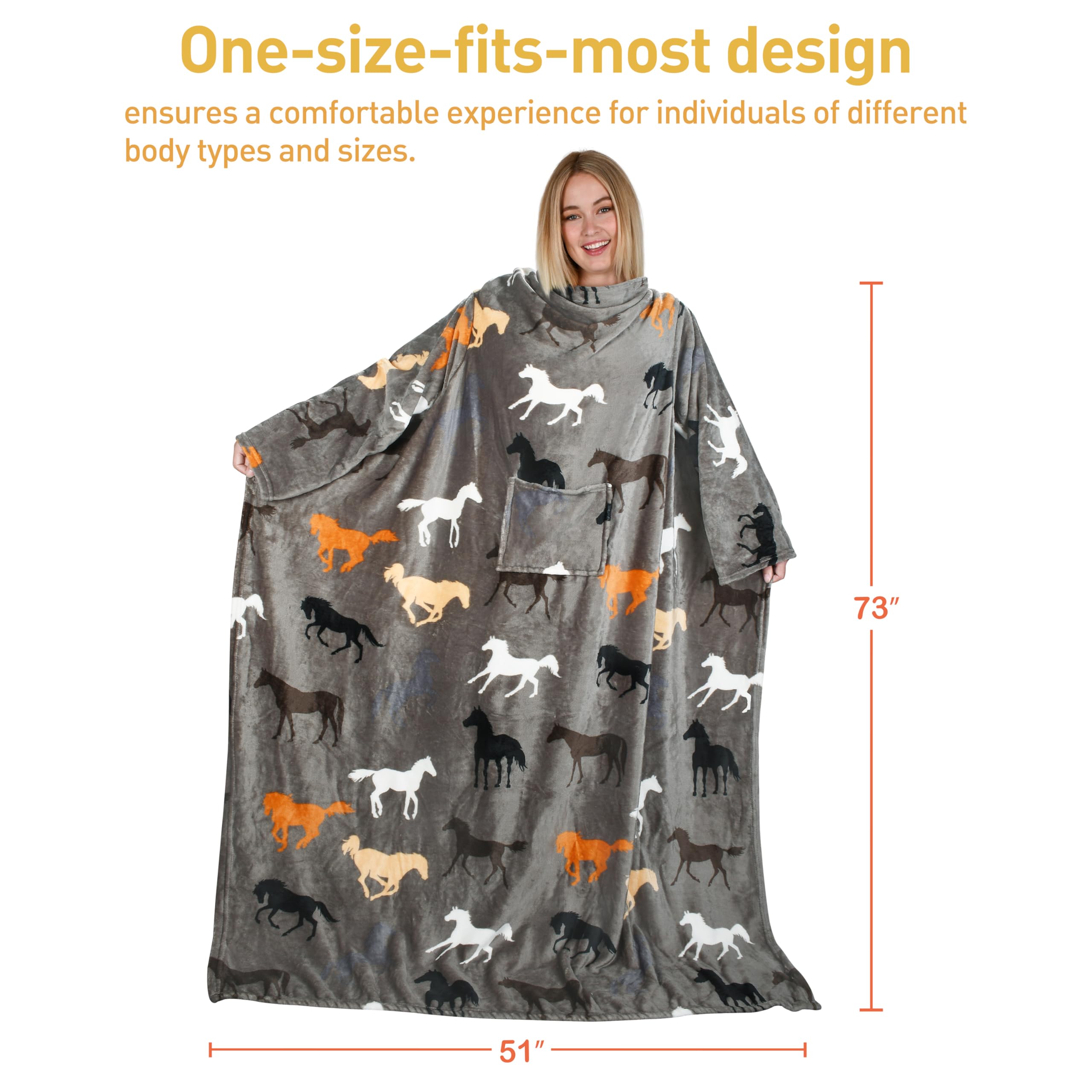 Catalonia Wearable Blanket with Sleeves and Pocket, Fleece, Taupe Horse, One Size