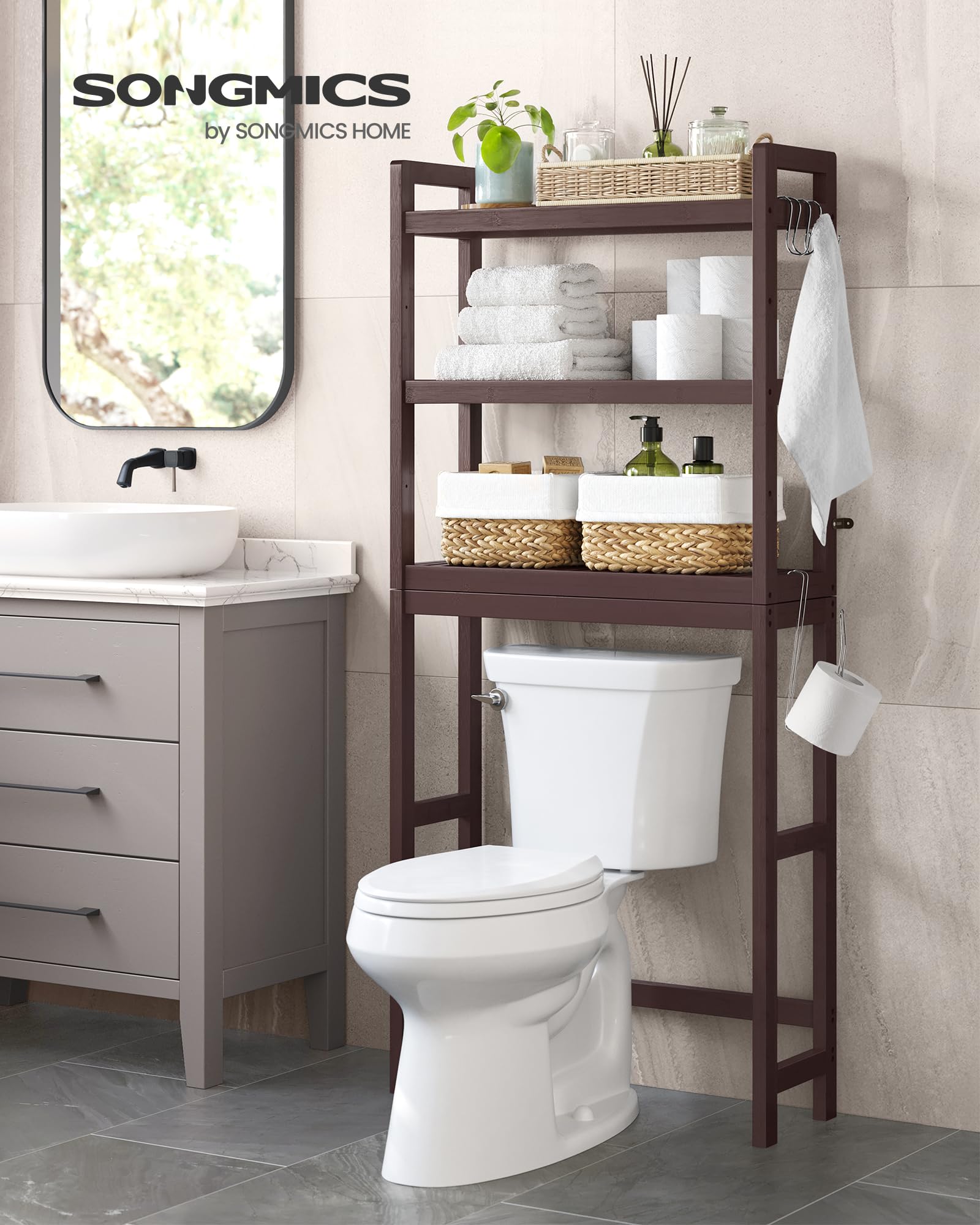 Songmics Over The Toilet Storage, 3-Tier Over Toilet Bathroom Organizer With Adjustable Shelf, Fit Most Toilets, Space-Saving, Brown Ubts01Br